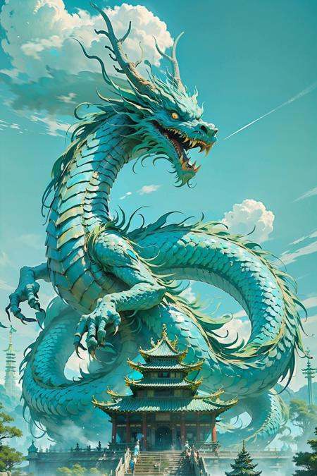 Best quality,masterpiece,ultra high res,nu no humans, (long:1.2),, eastern dragon, east asian architecture, sky, architecture, outdoors, cloud, day, mountain, open mouth, blue sky, teeth, scales, sharp teeth, horns, glowing, fangs, tree, glowing eyes, pagoda, scenery