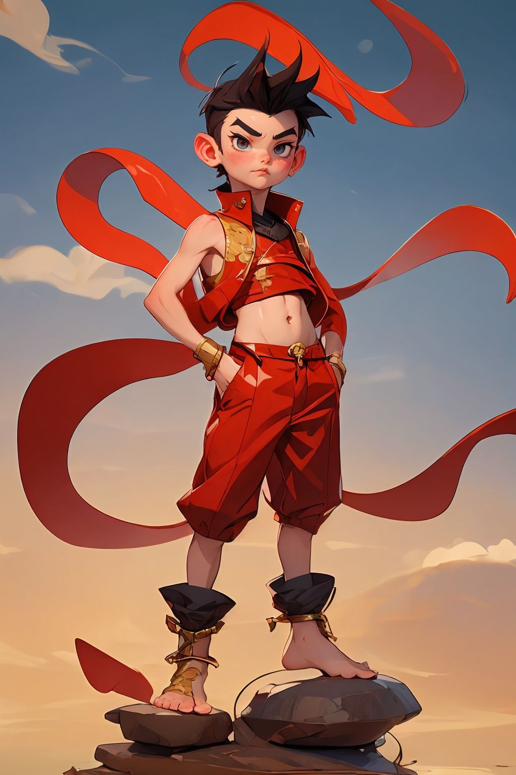 (((masterpiece))),(best quality:1.5),8k,(1boy:1.5),flying,haki,Red ribbon,Chinese style,,Bare feet,Gold collar,haki,domineering,fierce,battle,Belly pocket,Red clothes,12-y.o