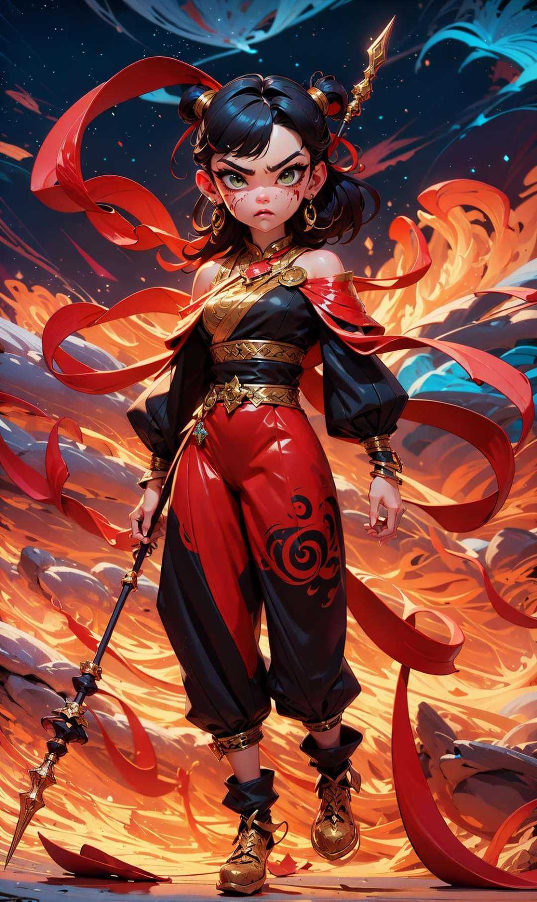 1girl, blood on face, angry, , holding spear, (flying), chinese mythology,cloudy, detailed sky, abstract background, (flame_surge_style:0.5)