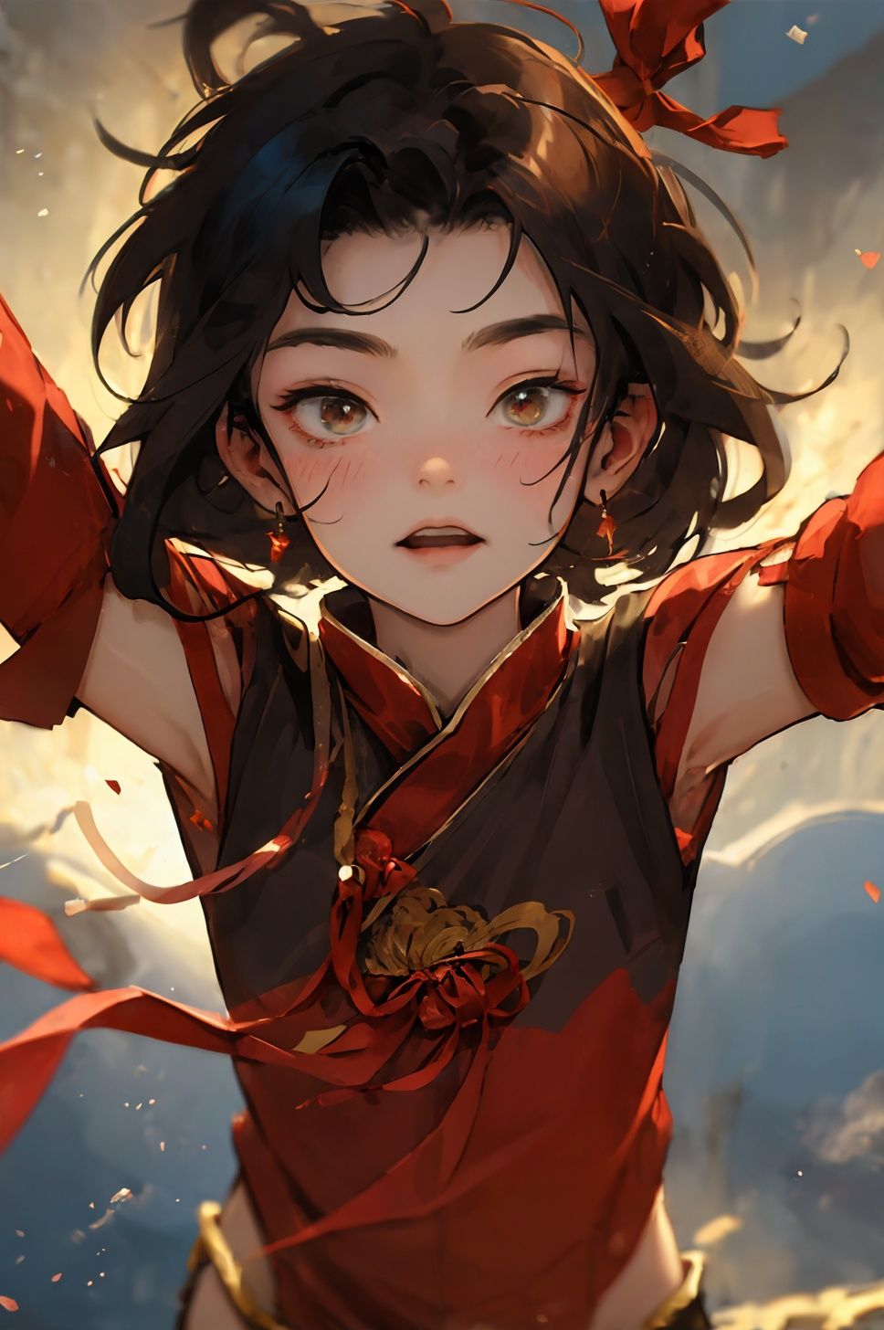 (((masterpiece))),(best quality:1.5),8k,flying,haki,Red ribbon,Chinese style,  , 1boy, nezha \(the legend of luoxiaohei\), blurry foreground, dragon,, masterpiece, best quality,, nice hands, perfect hands <lyco:GoodHands-beta2:1>