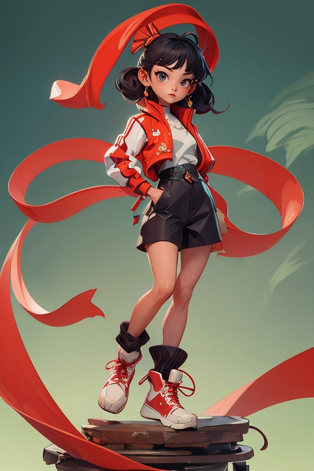 (((masterpiece))),(best quality:1.5),8k,flying,haki,Red ribbon,Chinese style,