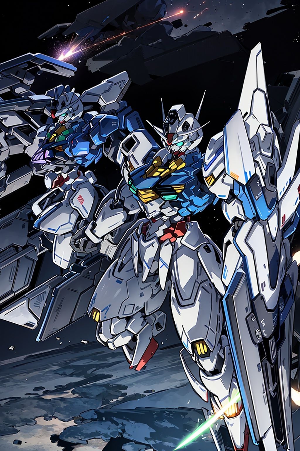 1robot,Several mechas engaged in close combat, with (laser beams:1.1) and (missiles:1.2) flying everywhere, (explosions:1.3) visible in the background. The mechas have different designs and colors, with (blue:0.9), (red:1.0), and (green:0.8) being the most prominent. One of the mechas is holding a (giant plasma sword:1.2), while another is firing (ion cannons:1.1) from its shoulders. The pilots are not visible, but the mechas show signs of damage, with (scorch marks:1.0) and (dents:0.9) visible on their armor. The background is dark and starry, with distant planets and asteroids visible in the distance.