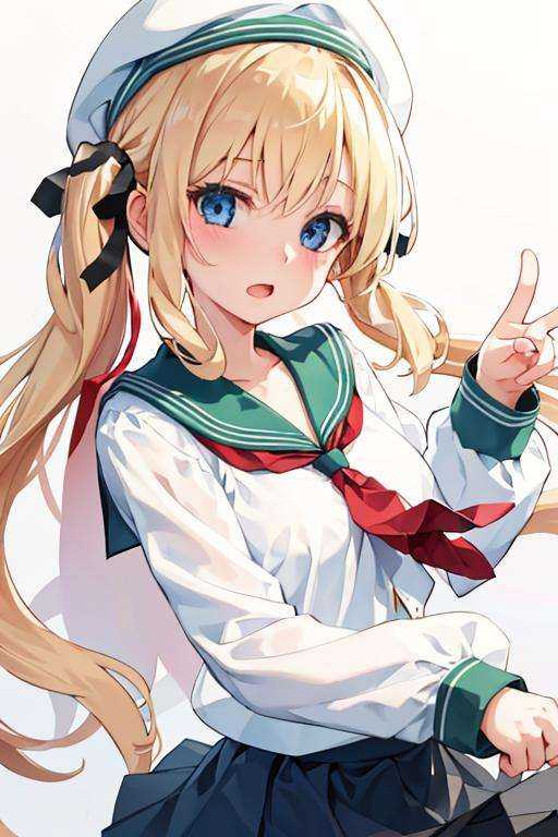 masterpiece,best quality,1girl,(solo:1.3),(simple background:1.3),happy,open mouth,(upper body:1.2), ,long hair,blonde hair,white beret,blue eyes,serafuku,green pleated skirt,ponytail,hair ribbon,red necktie,