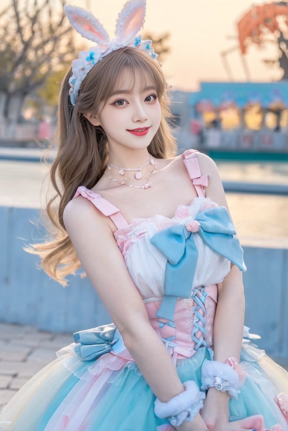 1girl, solo,mix4, (realistic:1.1), (photorealistic:1.1), (masterpiece:1.1), (best quality:1.1),  ultra detailed, looking at viewer, smile,sweet_lolita,standing , natural lighting, depth of field, (pureerosface_v1:0.8), amusement park in the background,(night), ,  ,