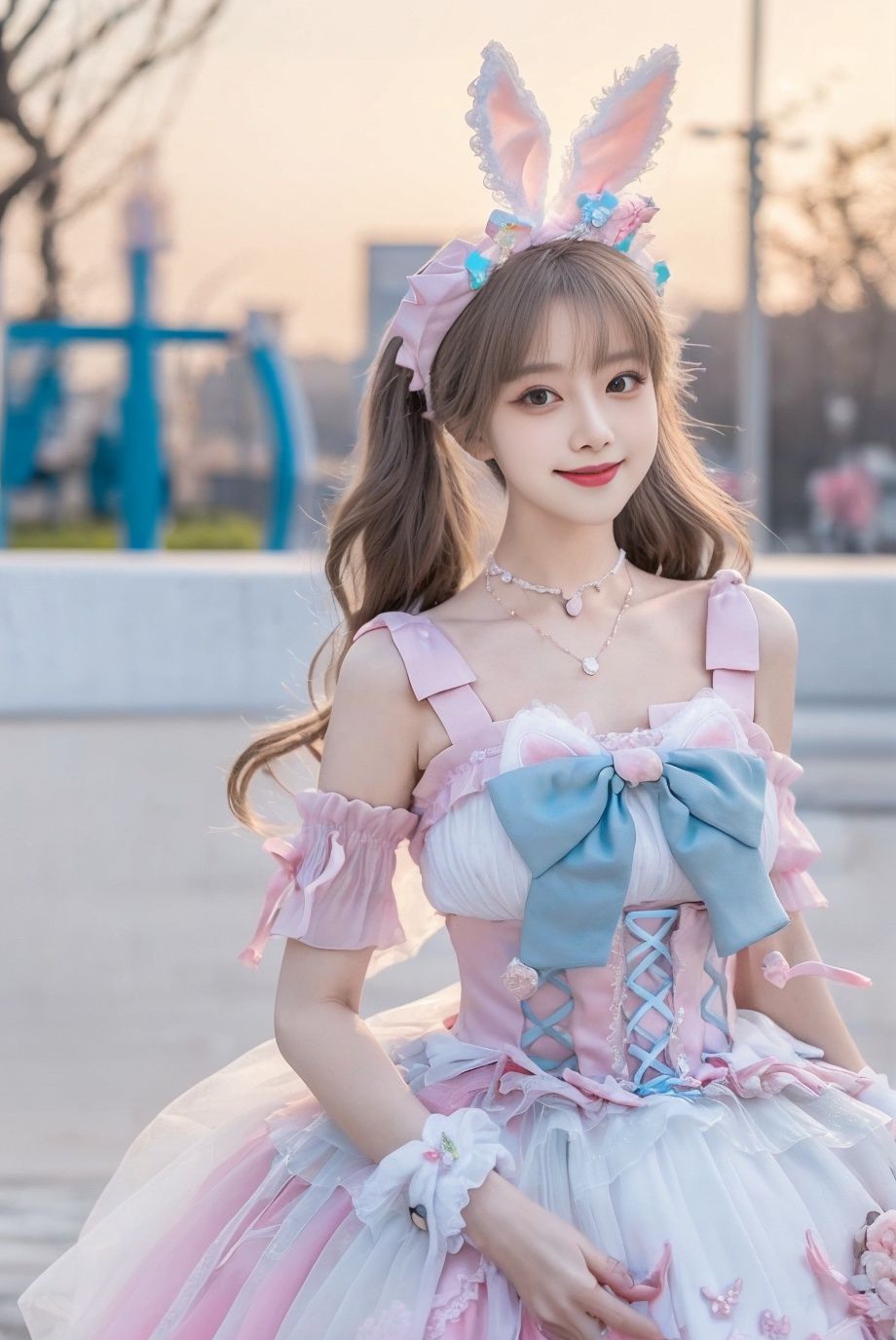 1girl, solo,mix4, (realistic:1.1), (photorealistic:1.1), (masterpiece:1.1), (best quality:1.1),  ultra detailed, looking at viewer, smile,sweet_lolita,standing , natural lighting, depth of field, (pureerosface_v1:0.8), amusement park in the background,(night), ,  ,