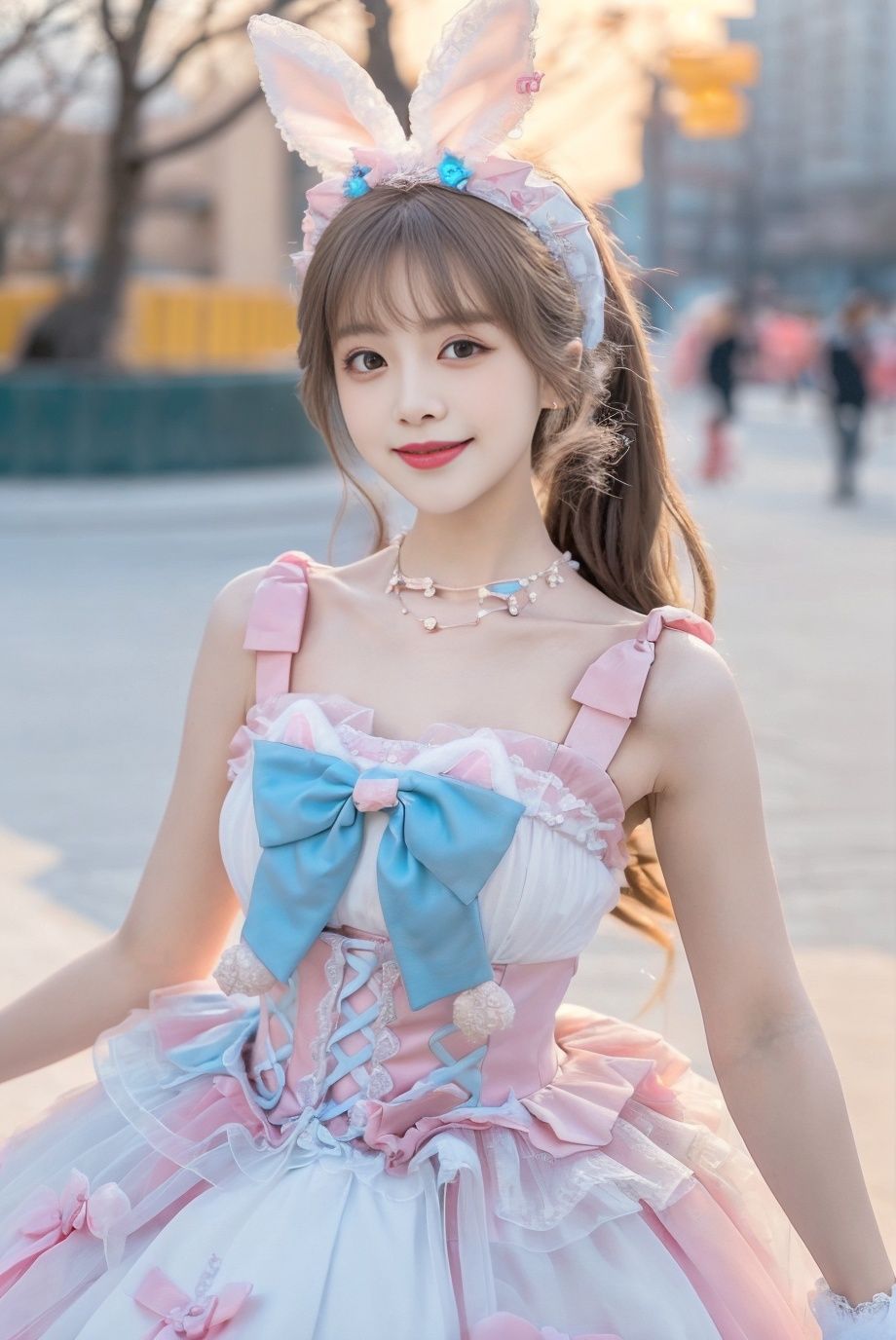 1girl, solo,mix4, (realistic:1.1), (photorealistic:1.1), (masterpiece:1.1), (best quality:1.1),  ultra detailed, looking at viewer, smile,sweet_lolita,standing , natural lighting, depth of field, (pureerosface_v1:0.8), amusement park in the background,(night), ,  ,