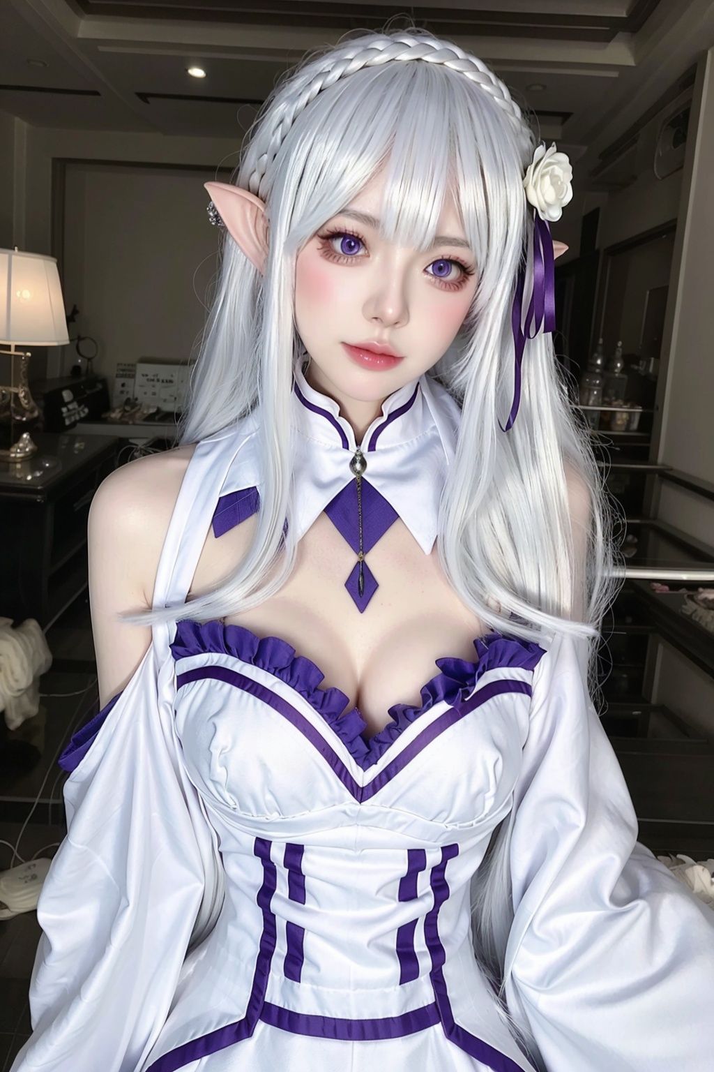 ,ulzzang-6500-v1.1,(raw photo:1.2),((photorealistic:1.4))best quality ,masterpiece, illustration, an extremely delicate and beautiful, extremely detailed ,CG ,unity ,8k wallpaper, finely detail, best quality,extremely detailed CG unity 8k wallpaper,absurdres, incredibly absurdres, huge filesize, ultra-detailed, highres, extremely detailed,beautiful detailed girl, extremely detailed eyes and face, beautiful detailed eyes,cinematic lighting,1girl,looking at viewer,outdoors, silver_hair, pointy_ears, purple_eyes, hair_ornament, hair_ribbon, braid