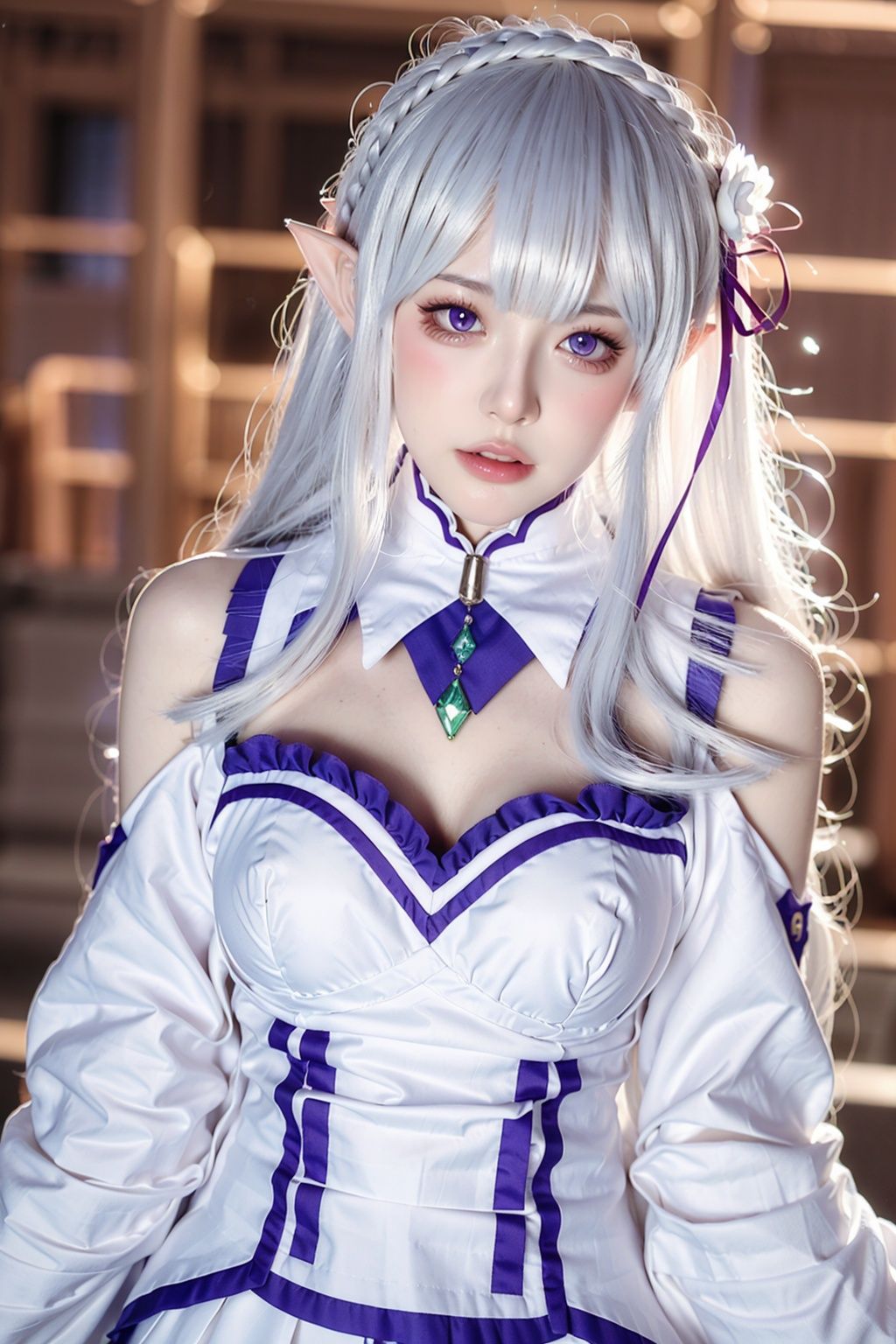,ulzzang-6500-v1.1,(raw photo:1.2),((photorealistic:1.4))best quality ,masterpiece, illustration, an extremely delicate and beautiful, extremely detailed ,CG ,unity ,8k wallpaper, finely detail, best quality,extremely detailed CG unity 8k wallpaper,absurdres, incredibly absurdres, huge filesize, ultra-detailed, highres, extremely detailed,beautiful detailed girl, extremely detailed eyes and face, beautiful detailed eyes,cinematic lighting,1girl,looking at viewer,outdoors, silver_hair, pointy_ears, purple_eyes, hair_ornament, hair_ribbon, braid