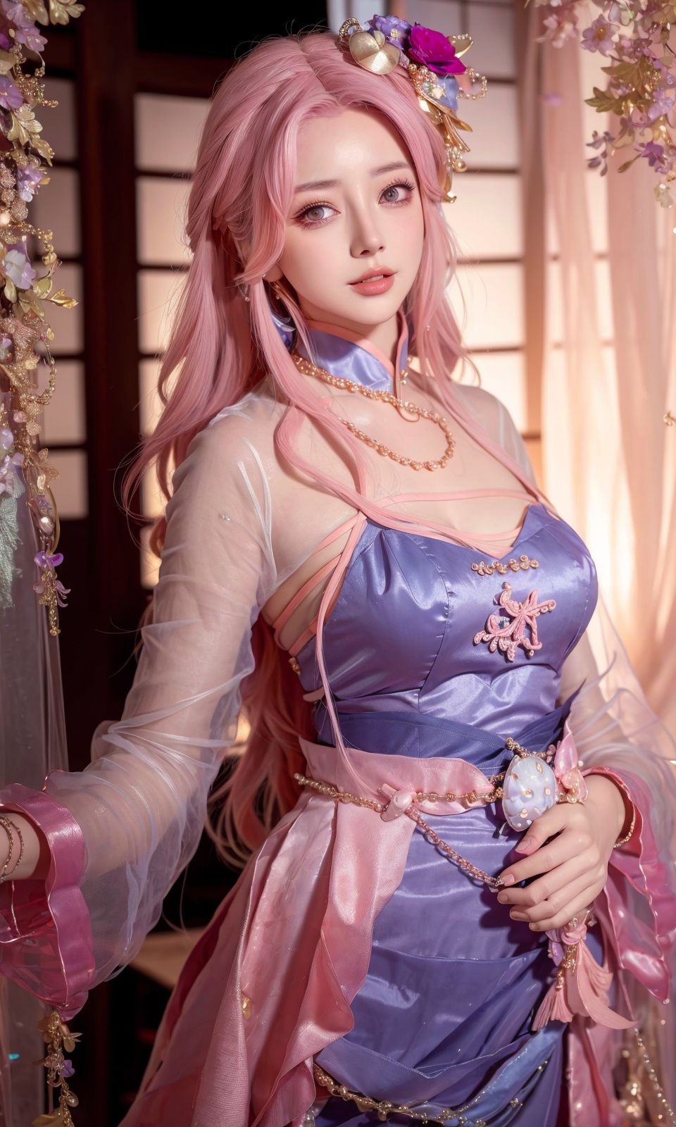 ,ulzzang-6500-v1.1,(raw photo:1.2),((photorealistic:1.4))best quality ,masterpiece, illustration, an extremely delicate and beautiful, extremely detailed ,CG ,unity ,8k wallpaper, Amazing, finely detail, masterpiece,best quality,official art,extremely detailed CG unity 8k wallpaper,absurdres, incredibly absurdres, huge filesize, ultra-detailed, highres, extremely detailed,beautiful detailed girl, extremely detailed eyes and face, beautiful detailed eyes,light on face,cinematic lighting,1girl,see-through,looking at viewer,outdoors, (jewelry), necklace, pink_eyes,hair_ornament, hair_flower, (chain:1.5)