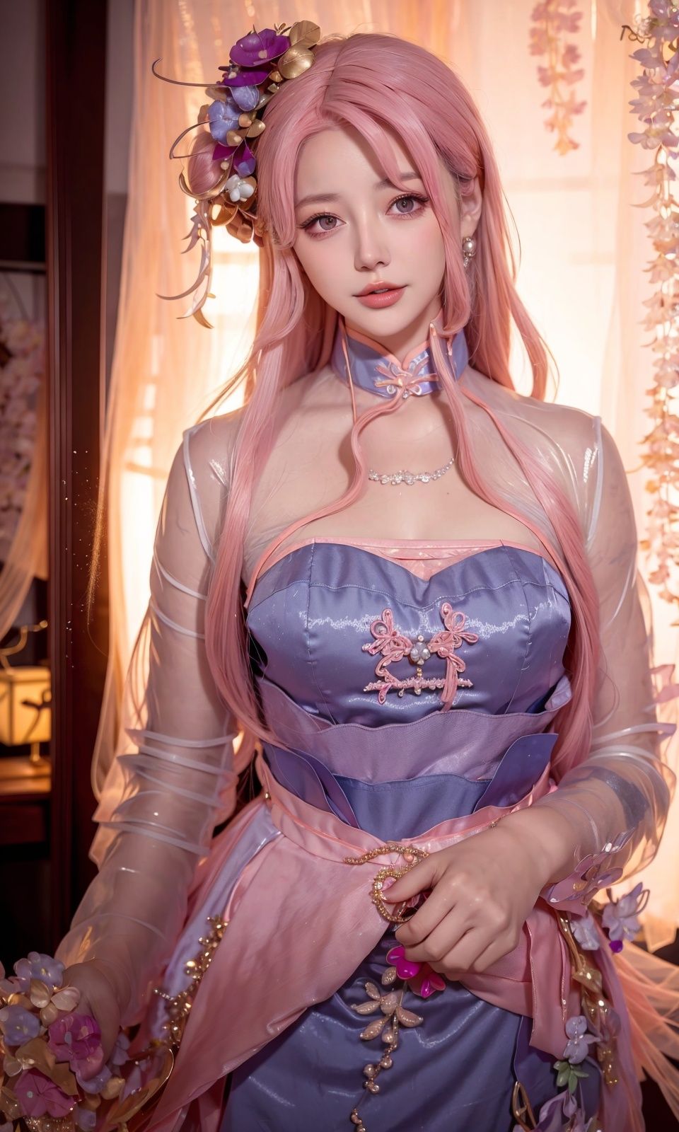 ,ulzzang-6500-v1.1,(raw photo:1.2),((photorealistic:1.4))best quality ,masterpiece, illustration, an extremely delicate and beautiful, extremely detailed ,CG ,unity ,8k wallpaper, Amazing, finely detail, masterpiece,best quality,official art,extremely detailed CG unity 8k wallpaper,absurdres, incredibly absurdres, huge filesize, ultra-detailed, highres, extremely detailed,beautiful detailed girl, extremely detailed eyes and face, beautiful detailed eyes,light on face,cinematic lighting,1girl,see-through,looking at viewer,outdoors, (jewelry), necklace, pink_eyes,hair_ornament, hair_flower, chain, (depth_of_field)