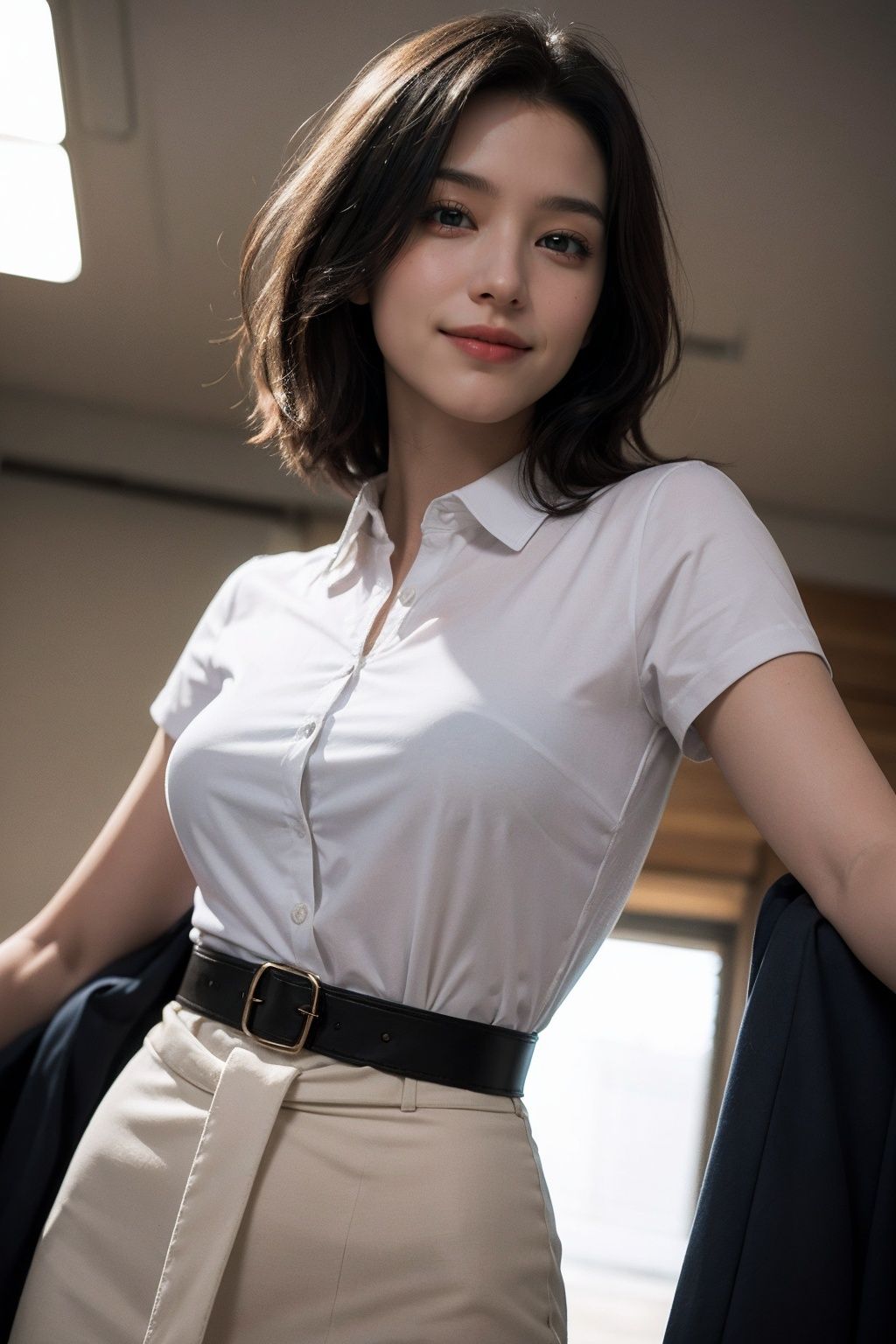 best quality, masterpiece, (photorealistic:1.4), 1girl, light smile, shirt with collars, waist up, dramatic lighting, from below