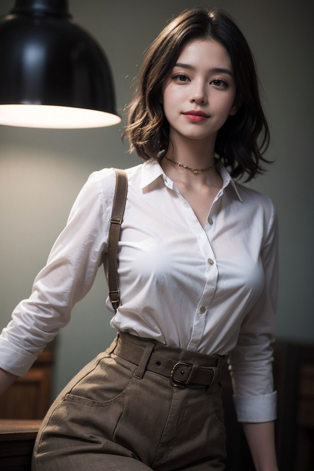 best quality, masterpiece, (photorealistic:1.4), 1girl, light smile, shirt with collars, waist up, dramatic lighting, from below