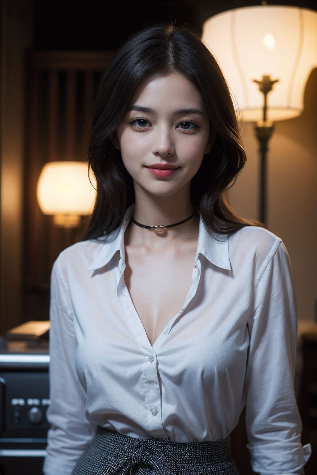 best quality, masterpiece, (photorealistic:1.4), 1girl, light smile, shirt with collars, waist up, dramatic lighting