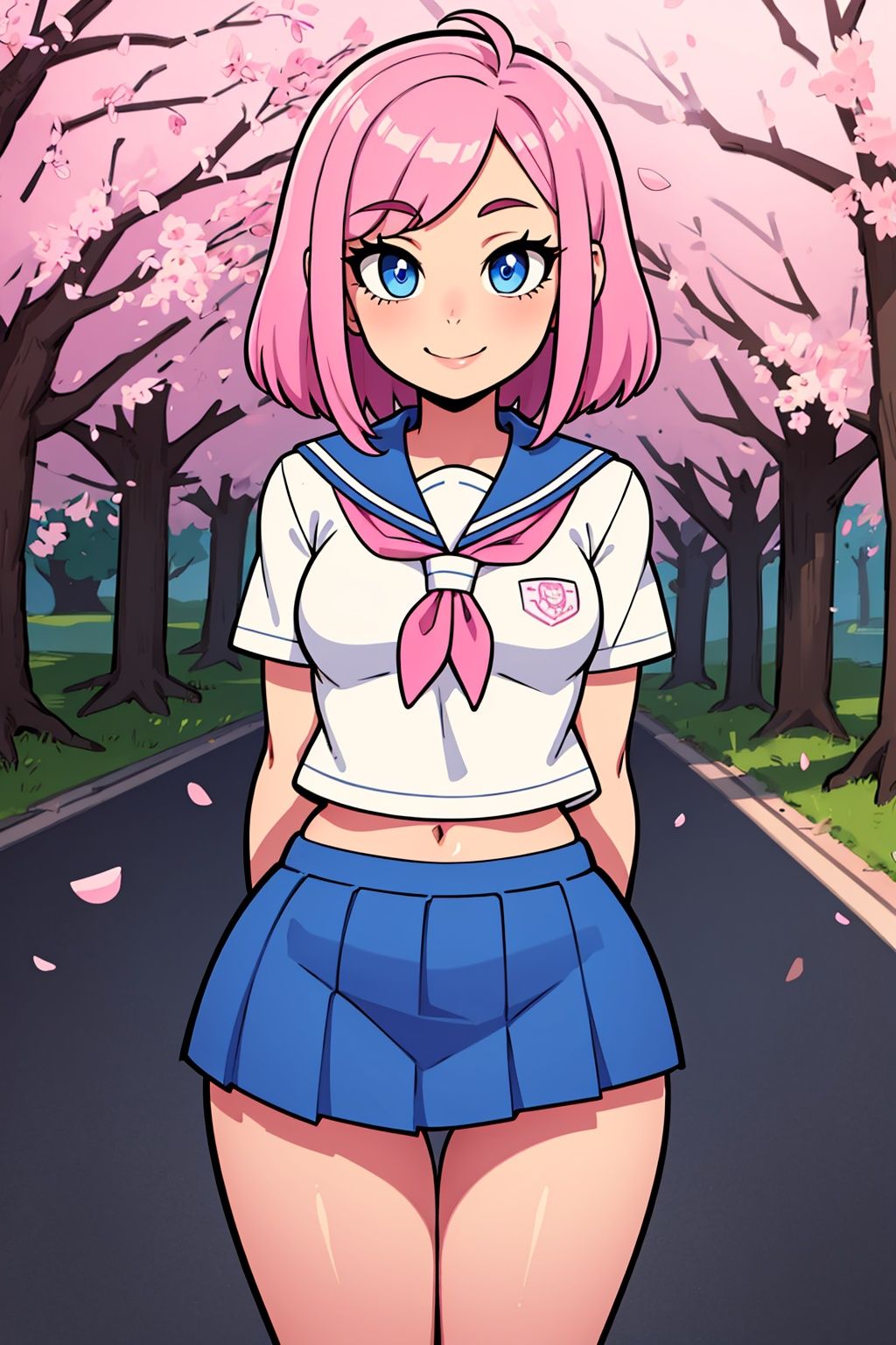 schoolgirl, pink hair, small breasts, (wide hips:1.2), standing, smile, school uniform, blue miniskirt, hands at sides, looking at viewer, outside, near tree, arms behind back, (road:0.6), pov, looking at viewer, facing viewer, perfect eyes, blue eyes, cherry blossom