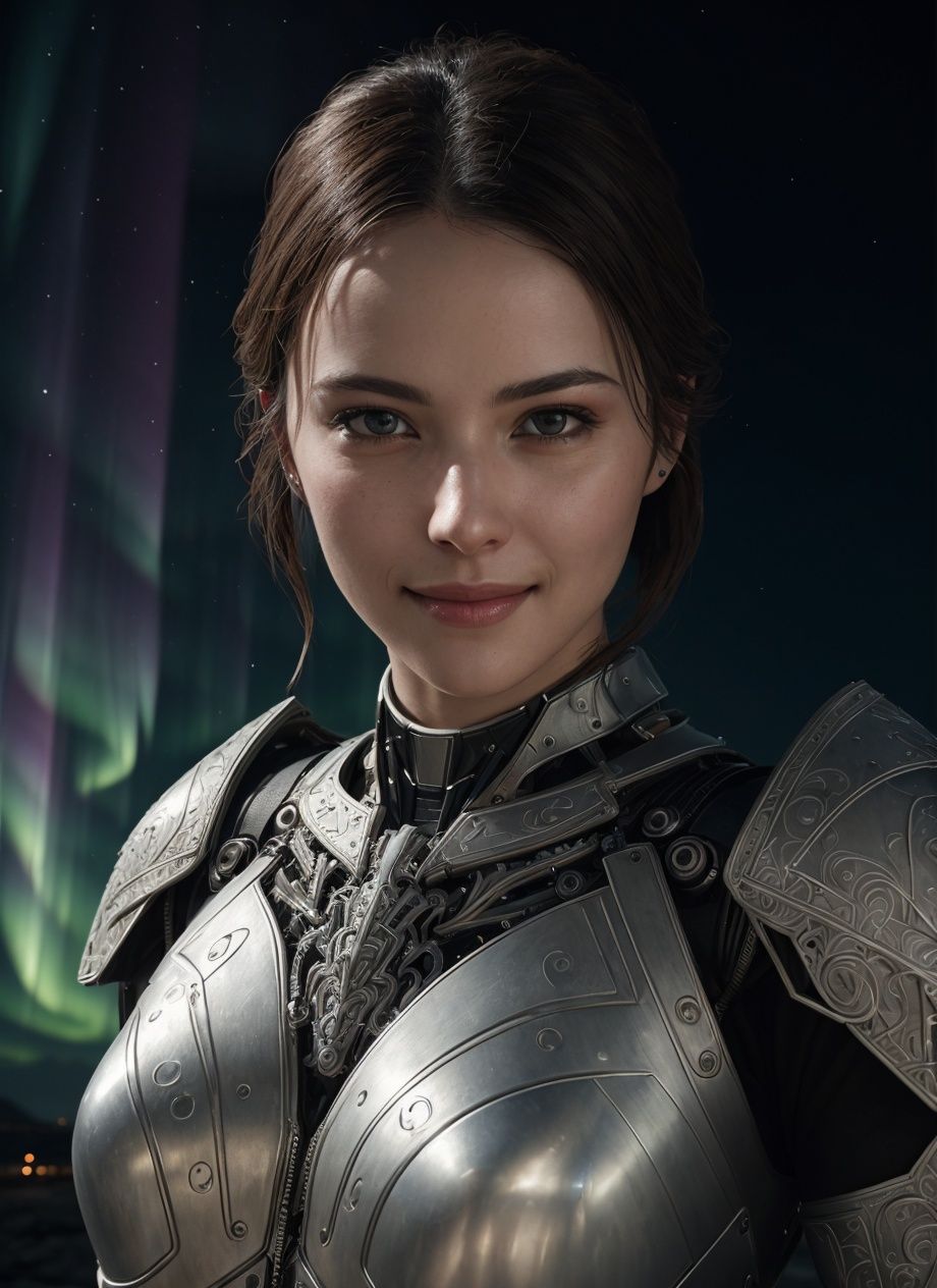 (masterpiece), (extremely intricate:1.3), (realistic),professional photograph of a stunning woman detailed, sharp focus, dramatic, award winning, cinematic lighting, octane render, unreal engine, volumetrics dtx,1 cute  girl,smile,sci-fi armor, metal reflections,mechanical shoulders,(aurora:1.1)