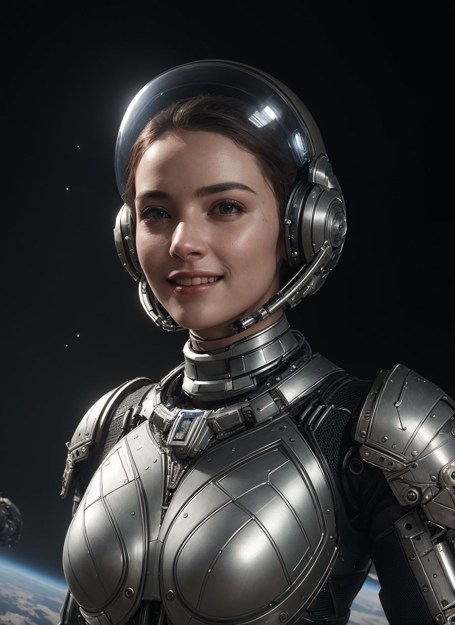 (masterpiece), (extremely intricate:1.3), (realistic),professional photograph of a stunning woman detailed, sharp focus, dramatic, award winning, cinematic lighting, octane render, unreal engine, volumetrics dtx,1girl,upper body,smile,(sci-fi armor), metal reflections,mechanical shoulders, Space helmet,