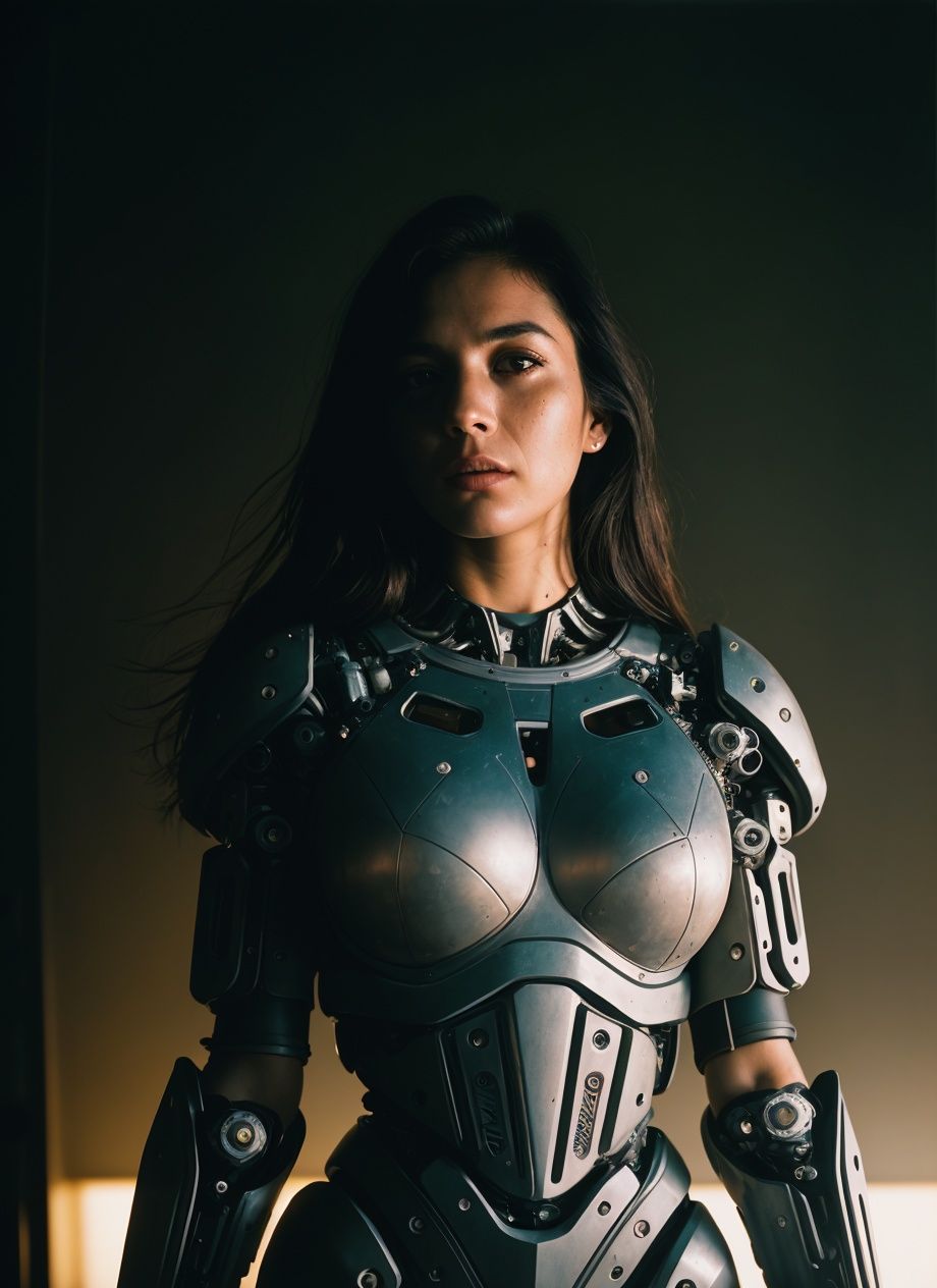 beautiful college girl in a hulking hydraulic biomechanical exoskeleton armored robot, sunset, sweaty, post-apocalyptic, long hair, cyberpunk, hyper detailed, detailed face (background inside dark, moody, private study:1.3) (full body:1.2) POV, by lee jeffries, nikon d850, film stock photograph ,4 kodak portra 400 ,camera f1.6 lens ,rich colors ,hyper realistic ,lifelike texture, dramatic lighting , cinestill 800,