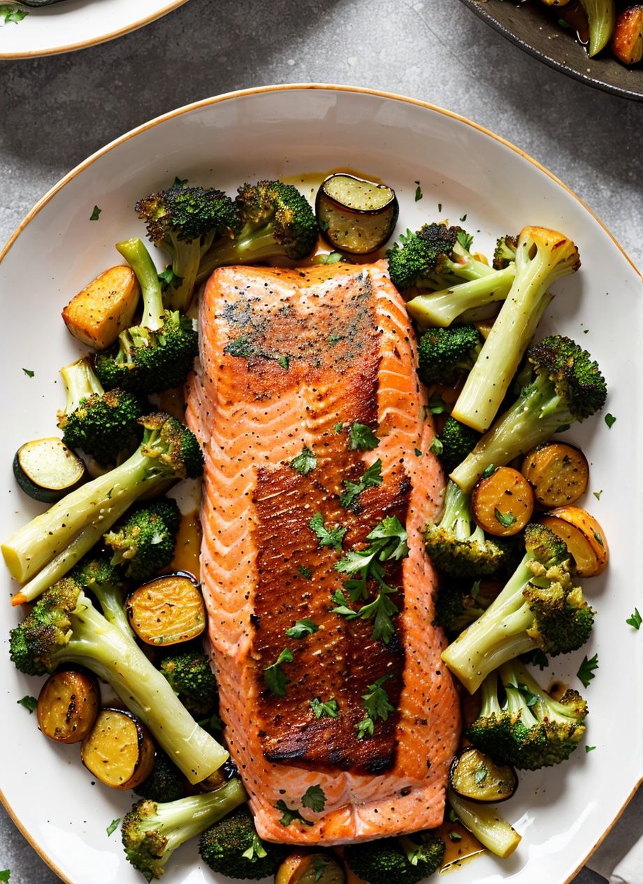 BAKED SALMON WITH A SIDE OF ROASTED VEGETABLES