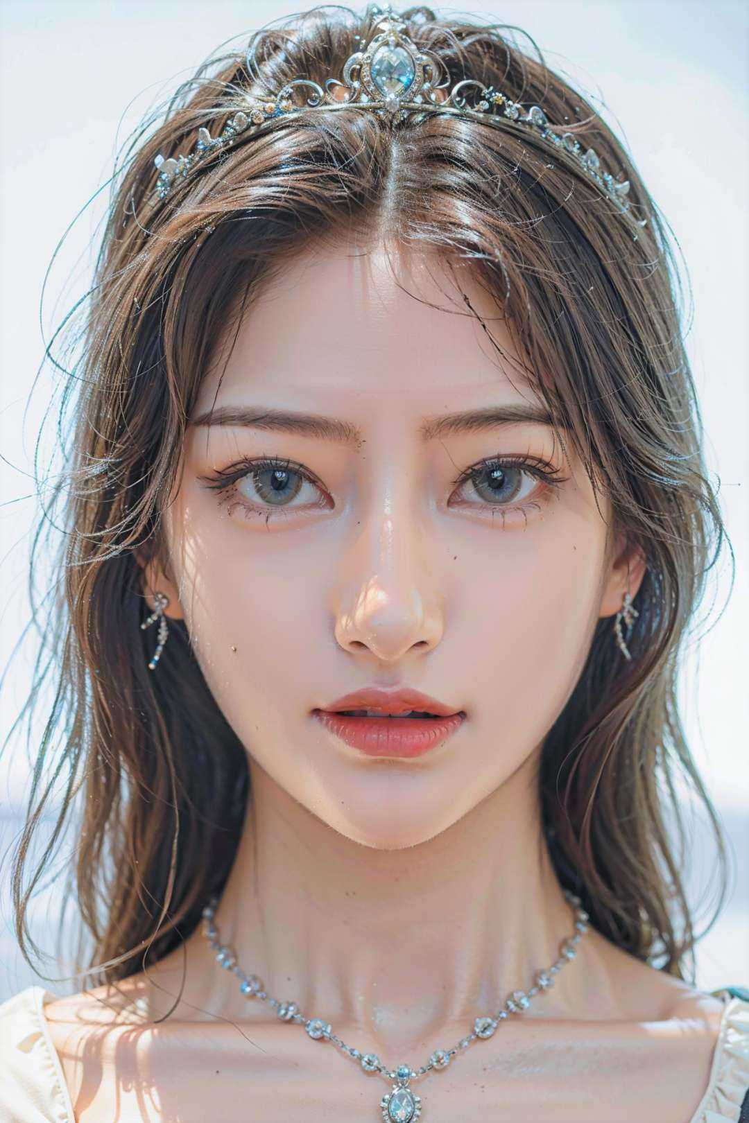 ((masterpiece), (best quality), ultra high res, (raw photo:1.2), (photorealistic:1.4), Exceptional detail, dramatic lighting, highres,   8k, absurdres, 1girl, (white background:1.3), simple background,((close up)), portrait,  diamond (tiara:1.4), necklace, diamond earrings, (blue eyes),<lora:cn_girl-000002:0.85>