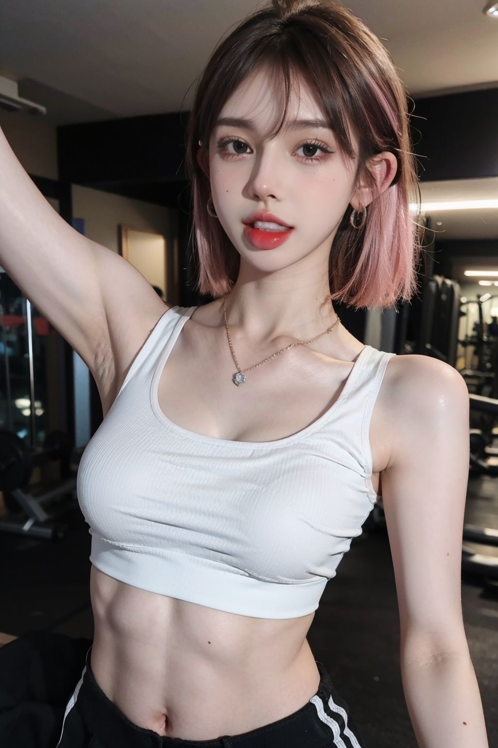 ((masterpiece), (best quality), ultra high res, (raw photo:1.2), (photorealistic:1.4), Exceptional detail, dramatic lighting, highres,   8k, absurdres, solo, (gym room:1.3), narrow waist, CNGirl_2, 1girl, (pink hair), close up, solo, jewelry, necklace, (diamond earrings:1.3), indoors, looking at viewer, tongue, breasts, upper body, black **** top,  teeth, ceiling, tongue out, crop top, midriff,  bare shoulders, navel<lora:CNGirl_2_20-000002:0.7>  