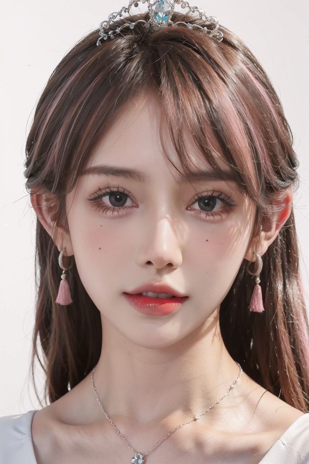 ((masterpiece), (best quality), ultra high res, (raw photo:1.2), (photorealistic:1.4), Exceptional detail, dramatic lighting, highres,   8k, absurdres, solo,CNGirl_2, 1girl, ((pink hair)), hair on side, (white background:1.3), simple background,((close up)), portrait, diamond (tiara:1.4), necklace,  jewelry, solo, long hair, dress, diamond earrings, earrings, (long diamond earrings:1.2), (necklace:1.2), looking at viewer, bare shoulders, shinny short dress, strapless, green eyes,<lora:CNGirl_2_20-000002:0.7>