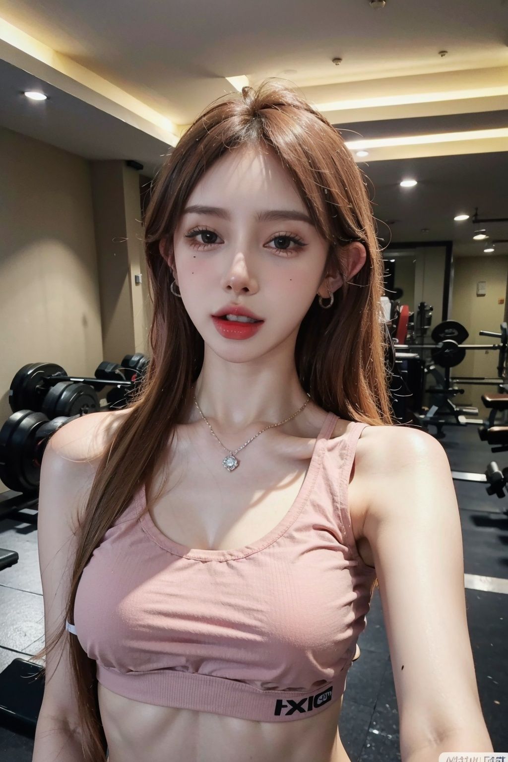 ((masterpiece), (best quality), ultra high res, (raw photo:1.2), (photorealistic:1.4), Exceptional detail, dramatic lighting, highres,   8k, absurdres, solo, (gym room:1.3), narrow waist, CNGirl_2, 1girl, (pink hair), close up, solo, jewelry, necklace, (diamond earrings:1.3), indoors, looking at viewer, tongue, breasts, upper body, black **** top,  teeth, ceiling, tongue out, crop top, midriff,  bare shoulders, navel<lora:CNGirl_2_20-000002:0.7>  