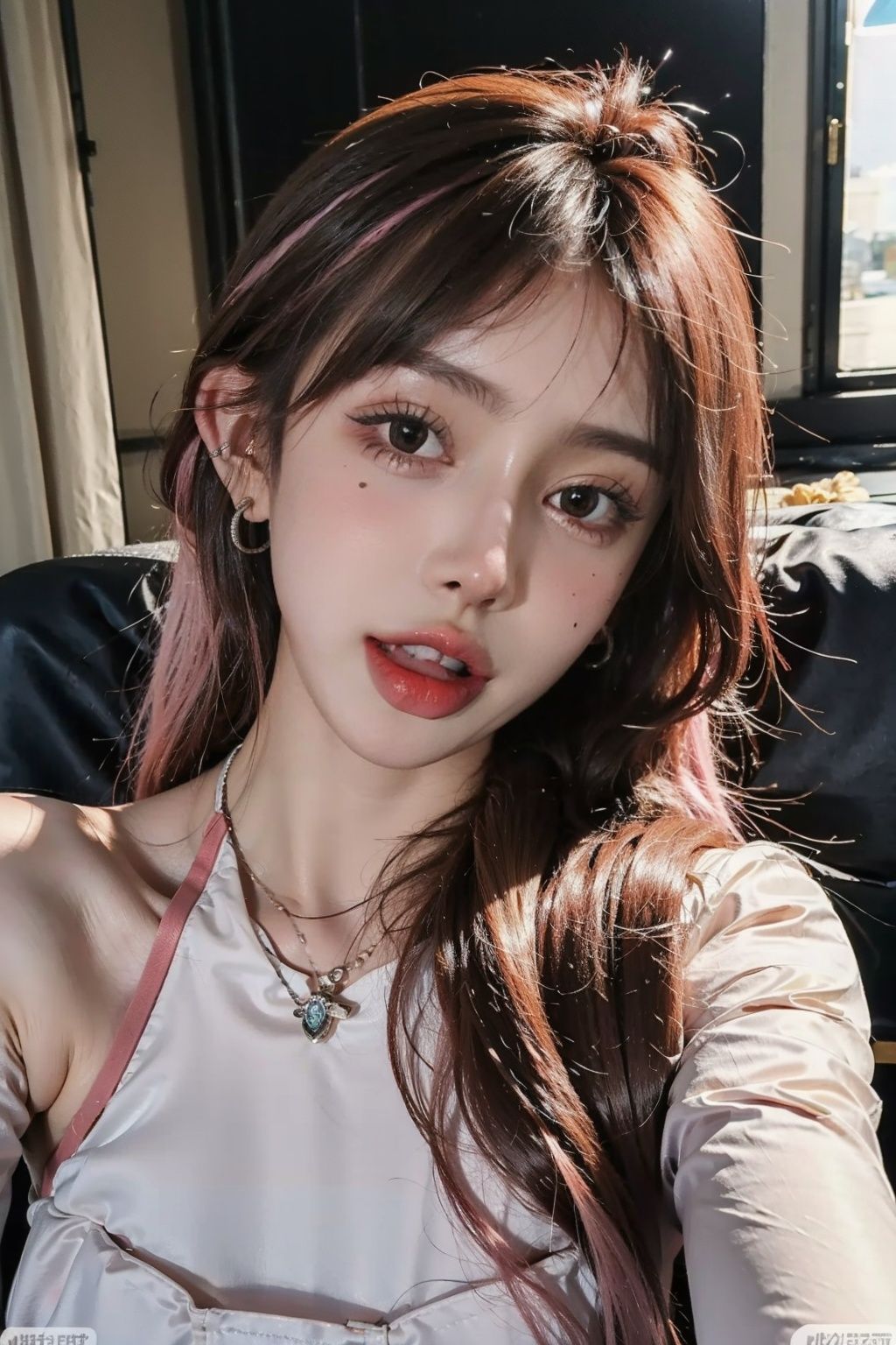 ((masterpiece), (best quality), ultra high res, (raw photo:1.2), (photorealistic:1.4), Exceptional detail, dramatic lighting, highres,   8k, absurdres, solo, CNGirl_2, 1girl, (pink hair), close up,  jewelry, 1girl, v, earrings, necklace, long hair, realistic, toilet,  solo, open mouth, brown eyes,  hair covering breasts, <lora:CNGirl_2_20-000002:0.7>  <lora:Daoist_Robe_v2-000003:0.7>