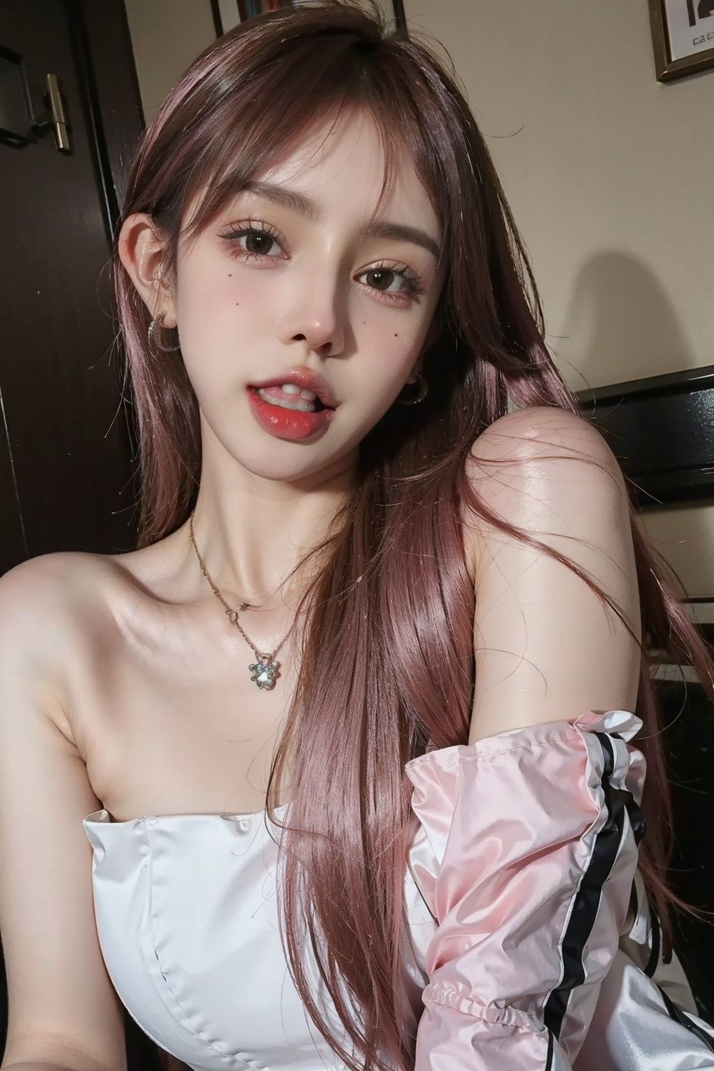 ((masterpiece), (best quality), ultra high res, (raw photo:1.2), (photorealistic:1.4), Exceptional detail, dramatic lighting, highres,   8k, absurdres, solo, CNGirl_2, 1girl, (pink hair), close up,  jewelry, 1girl, v, earrings, necklace, long hair, realistic, toilet,  solo, open mouth, brown eyes,  hair covering breasts, <lora:CNGirl_2_20-000002:0.7>  <lora:Daoist_Robe_v2-000003:0.7>