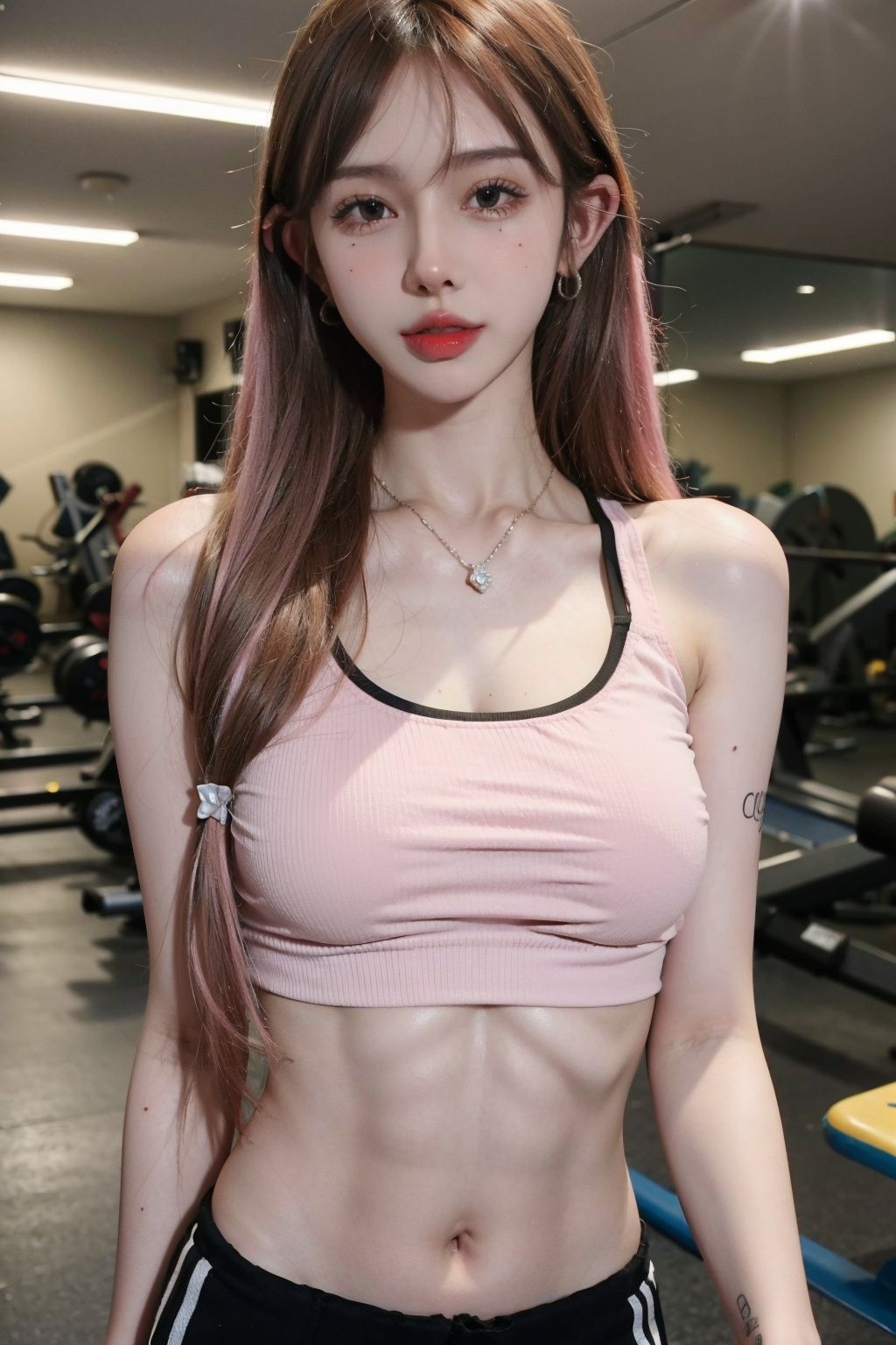 ((masterpiece), (best quality), ultra high res, (raw photo:1.2), (photorealistic:1.4), Exceptional detail, dramatic lighting, highres,   8k, absurdres, solo, (gym room:1.3), narrow waist, CNGirl_2, 1girl, (pink hair), close up, solo, jewelry, necklace, (diamond earrings:1.3), indoors, looking at viewer, breasts, upper body, black **** top, ceiling,  crop top, midriff,  bare shoulders, navel, smile,<lora:CNGirl_2_20-000002:0.7>  