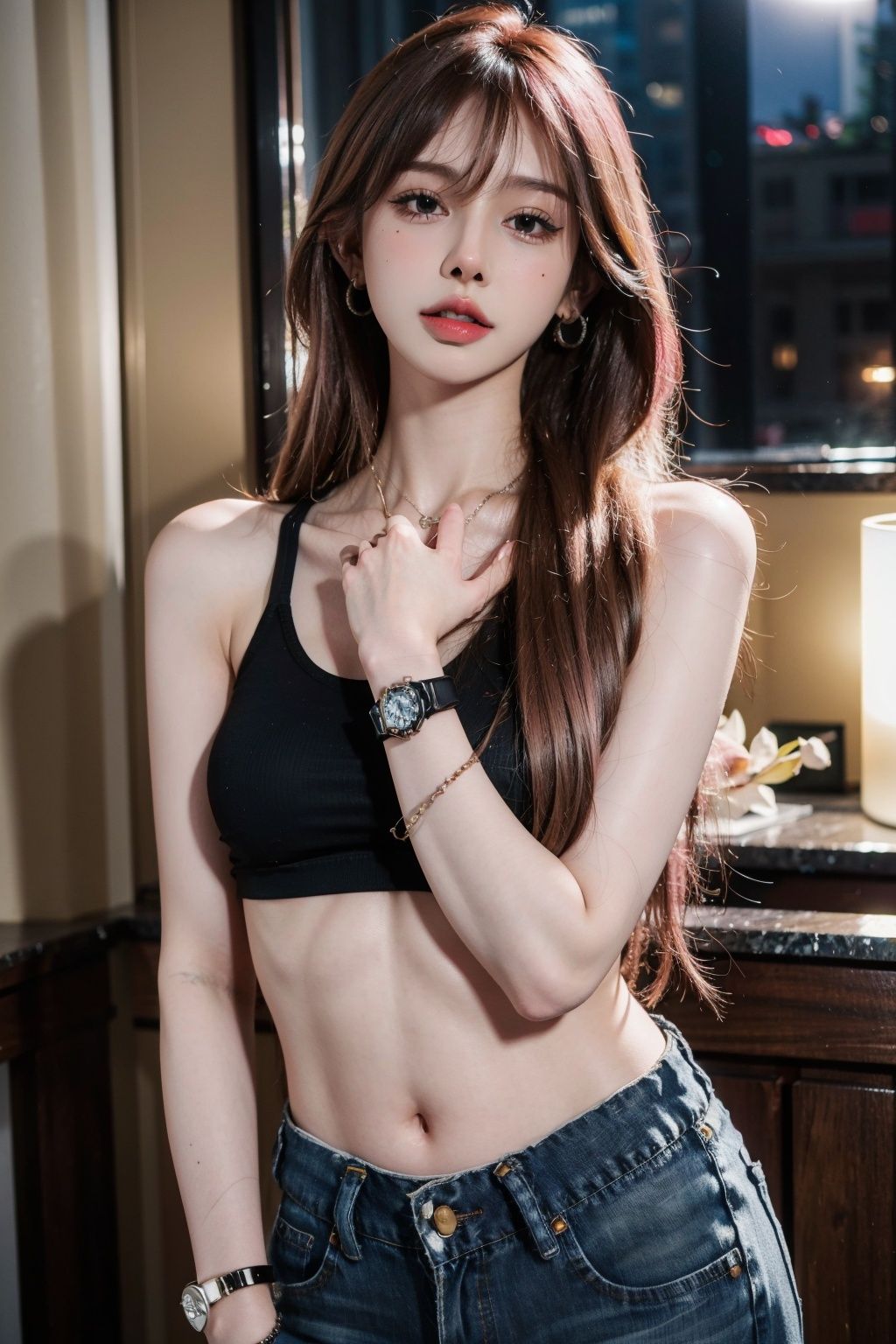 ((masterpiece), (best quality), ultra high res, (raw photo:1.2), (photorealistic:1.4), Exceptional detail, dramatic lighting, highres,   8k, absurdres, solo, CNGirl_2, 1girl, black **** top, black crop top, ((pink hair)), long hair,  bar, alcohol,jewelry, jeans, lwatch, denim, wristwatch, earrings, pants, midriff, brown hair, looking at viewer, crop top, indoors,  bracelet, sleeveless, plant, bare shoulders, from side, arm tattoo, <lora:CNGirl_2_20-000002:0.7>