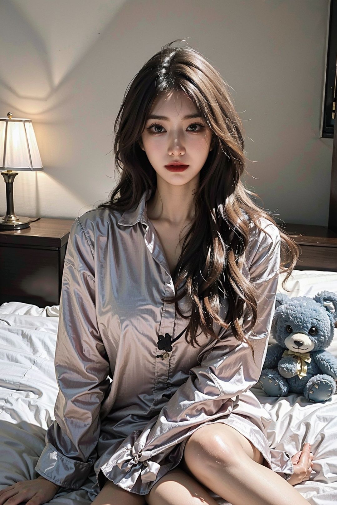 ((masterpiece), (best quality), ultra high res, (raw photo:1.2), (photorealistic:1.4), Exceptional detail, dramatic lighting, highres,   8k, absurdres, photorealistic, realistic,  on bed, bedroom, light,xxlxhann, 1girl, brown hair, brown_eyes, long_hair, long_sleeves, looking_at_viewer, pajamas, realistic, sitting, solo, stuffed_animal, stuffed_toy<lora:FilmG4:0.45> ,  <lora:xxlxhann-000005:0.65>