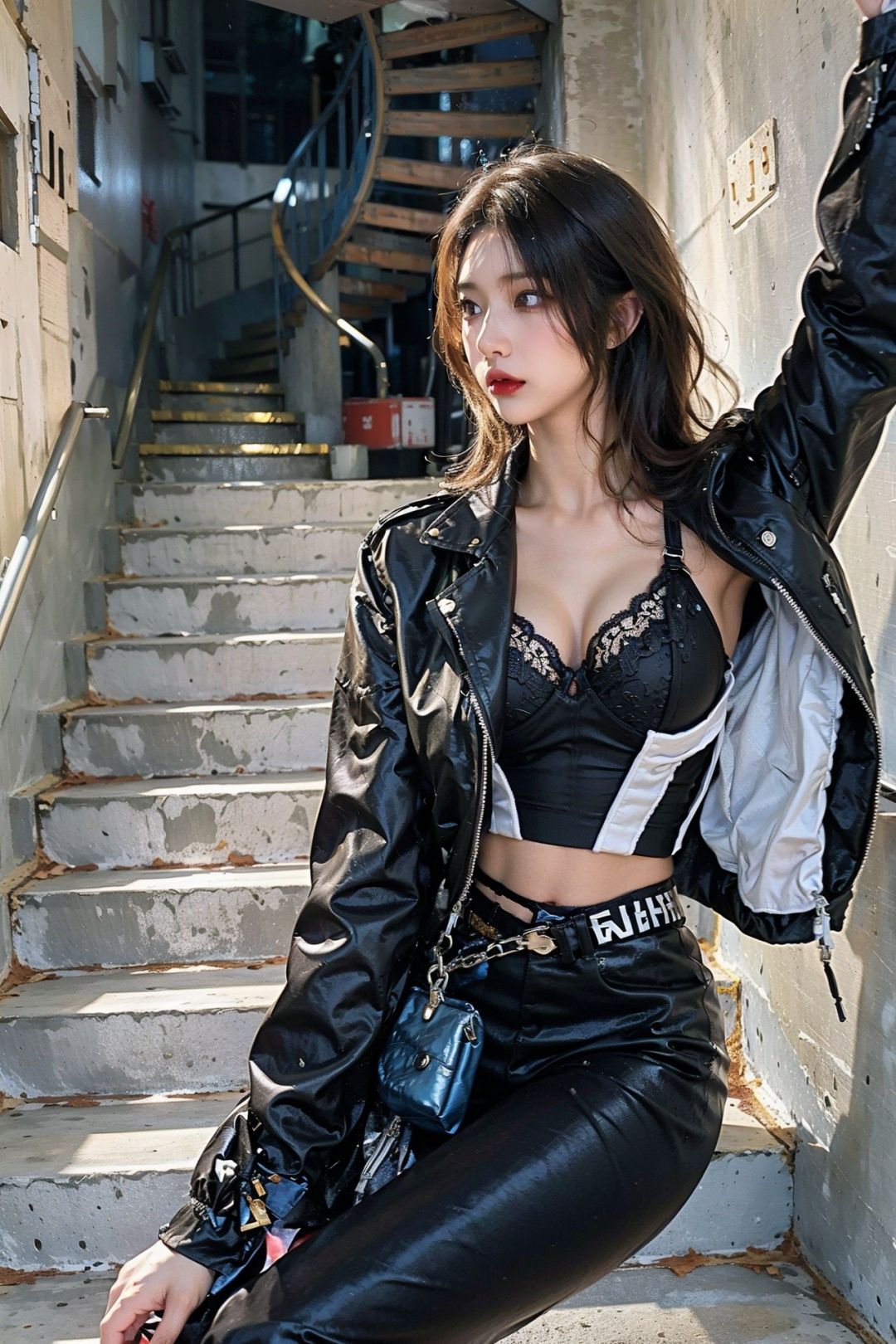 ((masterpiece), (best quality), ultra high res, (raw photo:1.2), (photorealistic:1.4), Exceptional detail, dramatic lighting, highres,   8k, absurdres, photorealistic, realistic,  xxlxhann, 1girl, black_bra, black_jacket, black_pants, blonde_hair, bra, breasts, cleavage, denim, jacket, lips, lipstick, long_hair, long_sleeves, makeup, medium_breasts, midriff, open_clothes, open_jacket, pants, rain, solo, stairs, standing, underwear<lora:FilmG4:0.45> ,  <lora:xxlxhann-000005:0.65>