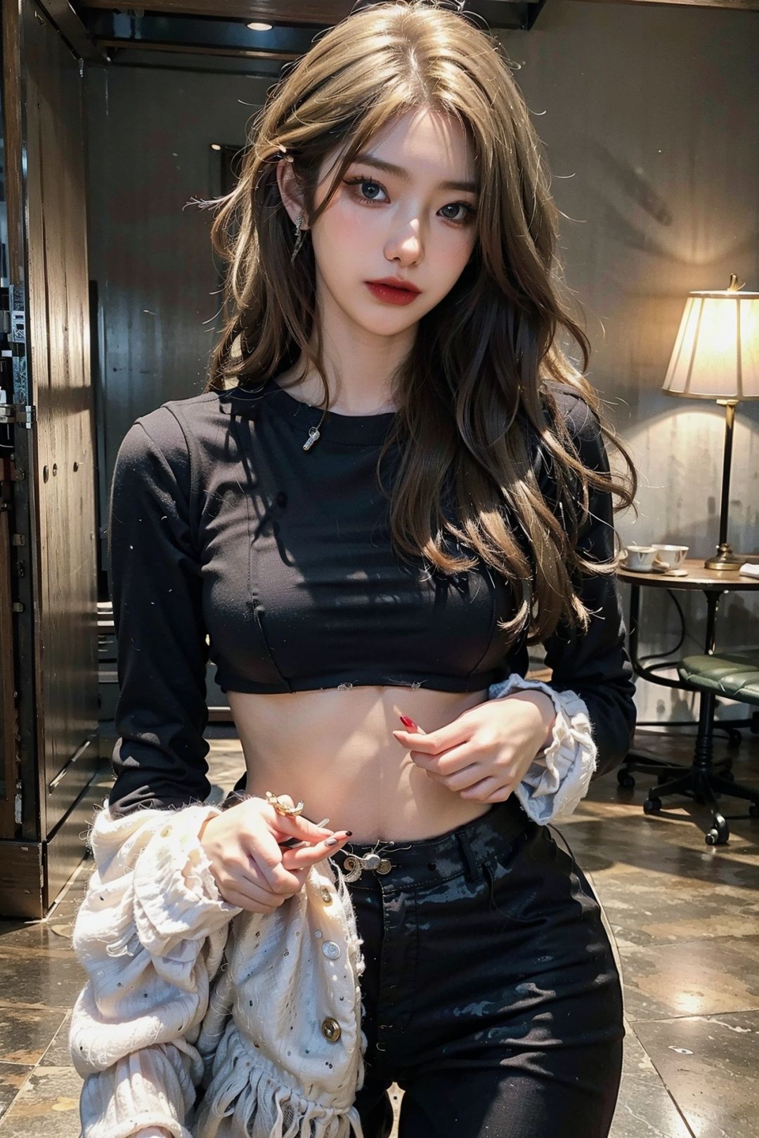 ((masterpiece), (best quality), ultra high res, (raw photo:1.2), (photorealistic:1.4), Exceptional detail, dramatic lighting, highres, 8k, absurdres, photorealistic, realistic,xxlxhann, 1girl, black_pants, (blonde_hair:1.2), closed_mouth, cowboy_shot, lips, lipstick, long_hair, long_sleeves, looking_at_viewer, looking_to_the_side, makeup, pants, shirt, solo, standing,<lora:FilmG4:0.45> , <lora:xxlxhann-000005:0.65>