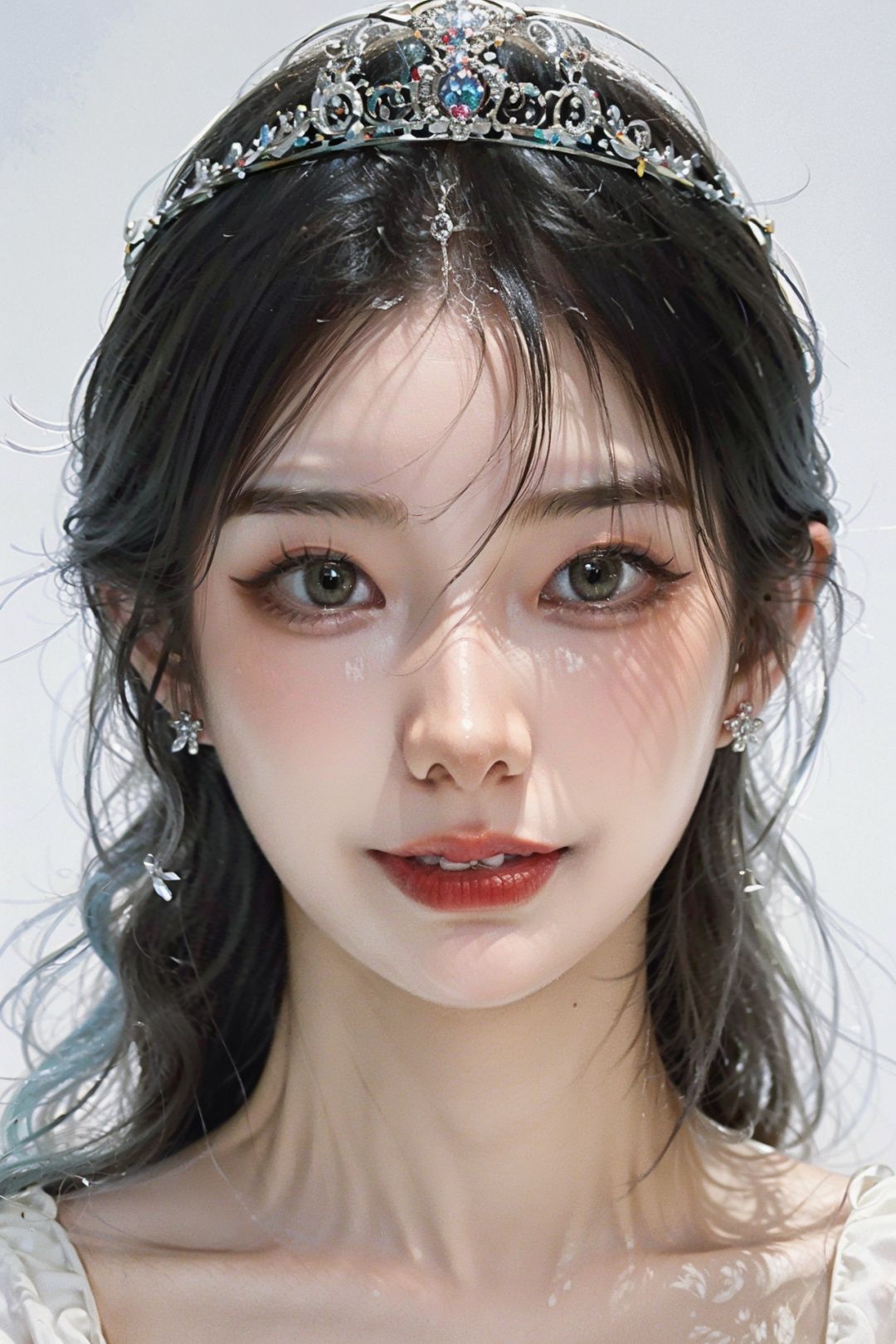 ((masterpiece), (best quality), ultra high res, (raw photo:1.2), (photorealistic:1.4), Exceptional detail, dramatic lighting, highres,   8k, absurdres, photorealistic, realistic, solo, portrait,  simple background, (white background:1.4), eyelashes, black_eyes, xxlxhann, 1girl  (black hair),  long_hair, looking_at_viewer, upper body, open clothes,  diamond earrings, pale skin, solo, realistic, indoors,  (tiara:1.3),<lora:FilmG4:0.45> ,  <lora:xxlxhann-000005:0.8>