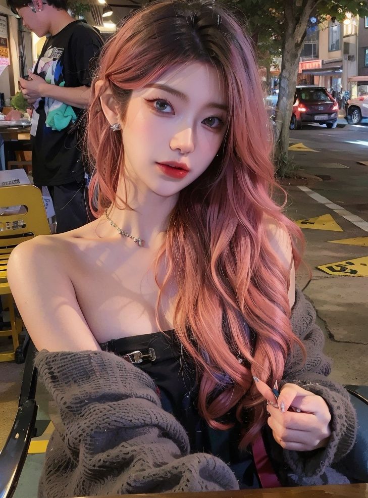 ((masterpiece), (best quality), ultra high res, (raw photo:1.2), (photorealistic:1.4), Exceptional detail, dramatic lighting, highres,   8k, absurdres, xxlxhann, 1girl, bare_shoulders, bird, pink hair, building, earrings, jewelry, long_hair, looking_at_viewer, realistic, road, solo, strapless, tree, upper_body <lora:xxlxhann-000005:0.8>