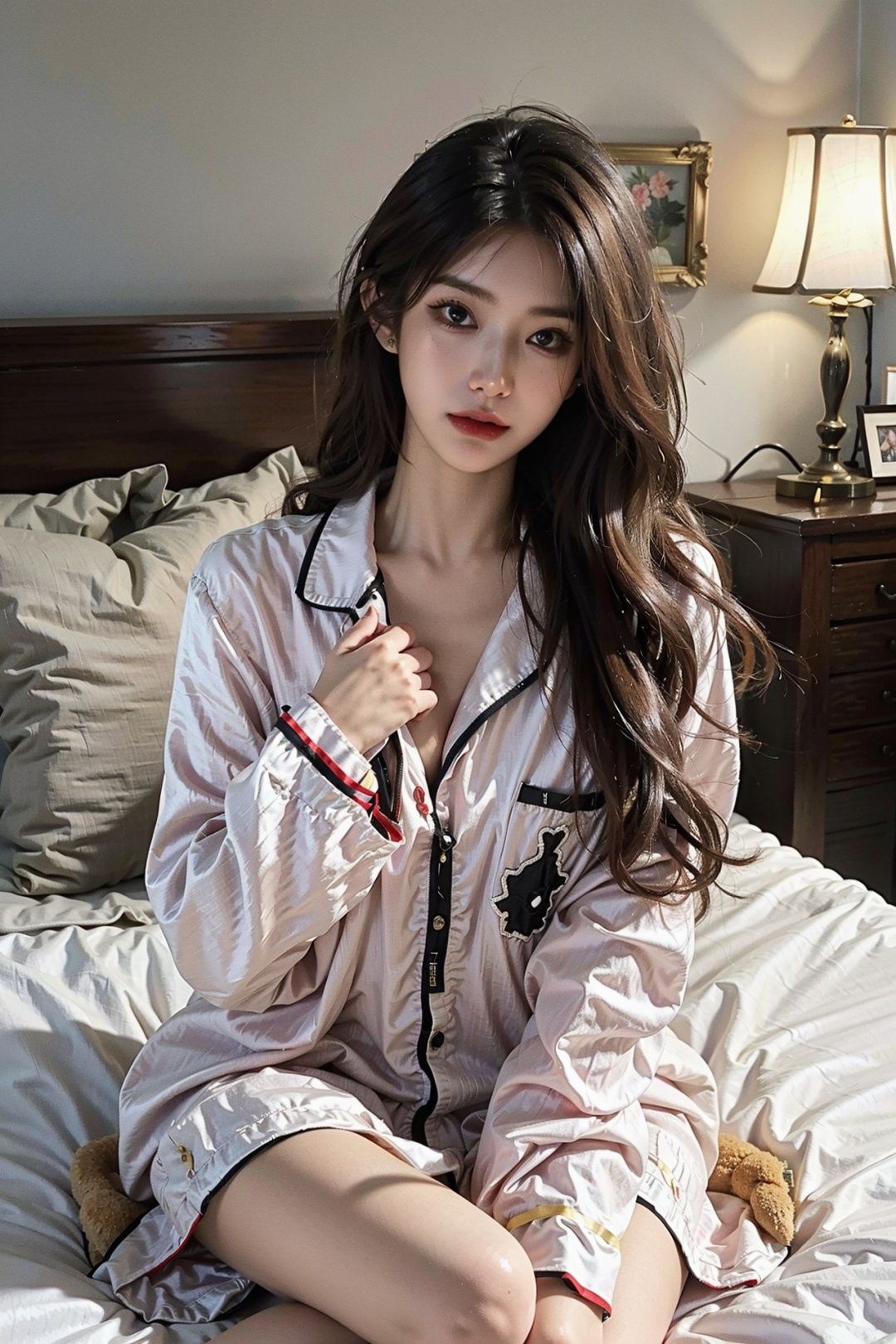 ((masterpiece), (best quality), ultra high res, (raw photo:1.2), (photorealistic:1.4), Exceptional detail, dramatic lighting, highres, 8k, absurdres, photorealistic, realistic, on bed, bedroom, light,xxlxhann, 1girl, brown hair, brown_eyes, long_hair, long_sleeves, looking_at_viewer, pajamas, realistic, sitting, solo, stuffed_animal, stuffed_toy<lora:FilmG4:0.45> , <lora:xxlxhann-000005:0.65>