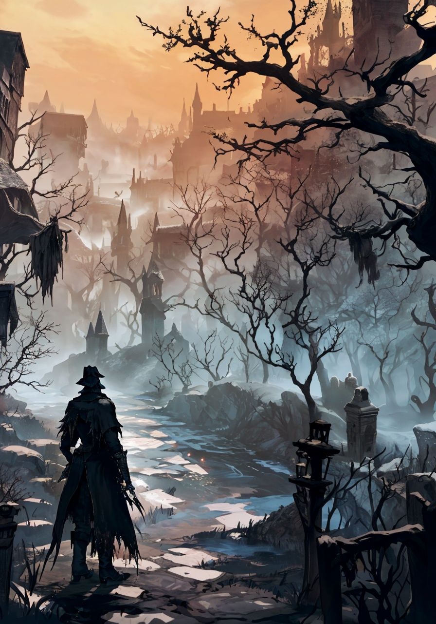 Bloodborne,<lora:Bloodborne-000075:0.6>,1men:1.2,solo:1,near a river:1.1