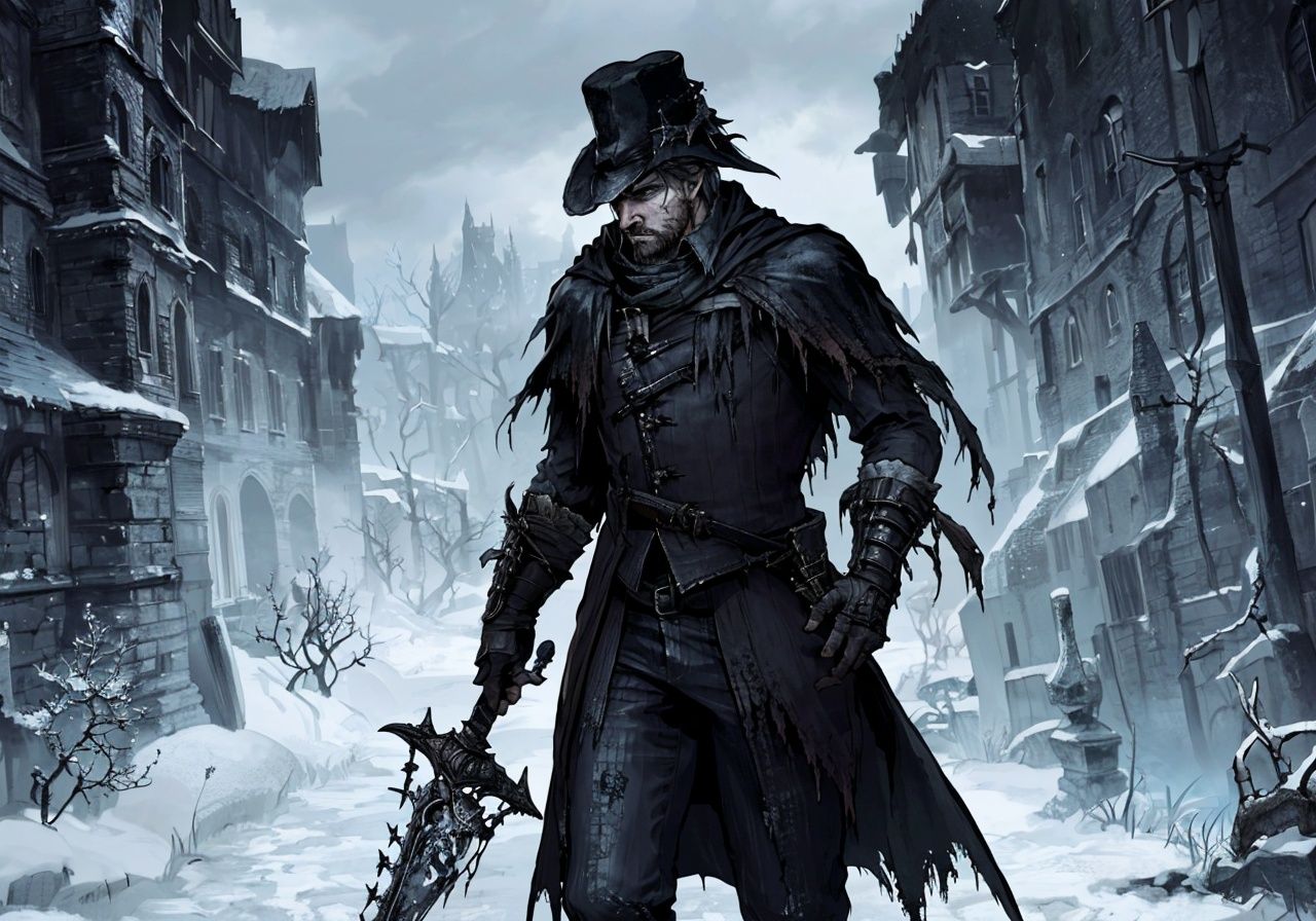 Bloodborne,<lora:Bloodborne-000075:0.6>,1men:1.2,holding sword:1.3,solo:1