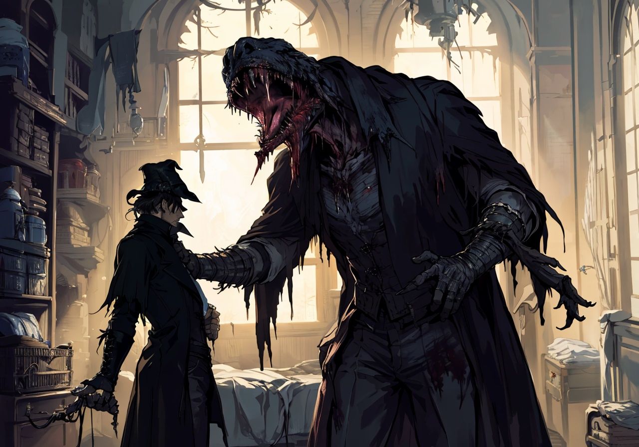 Bloodborne, docter:1.5,monster,hospital:1.3,<lora:Bloodborne-000075:0.6>,1men:1.2,solo:1.2