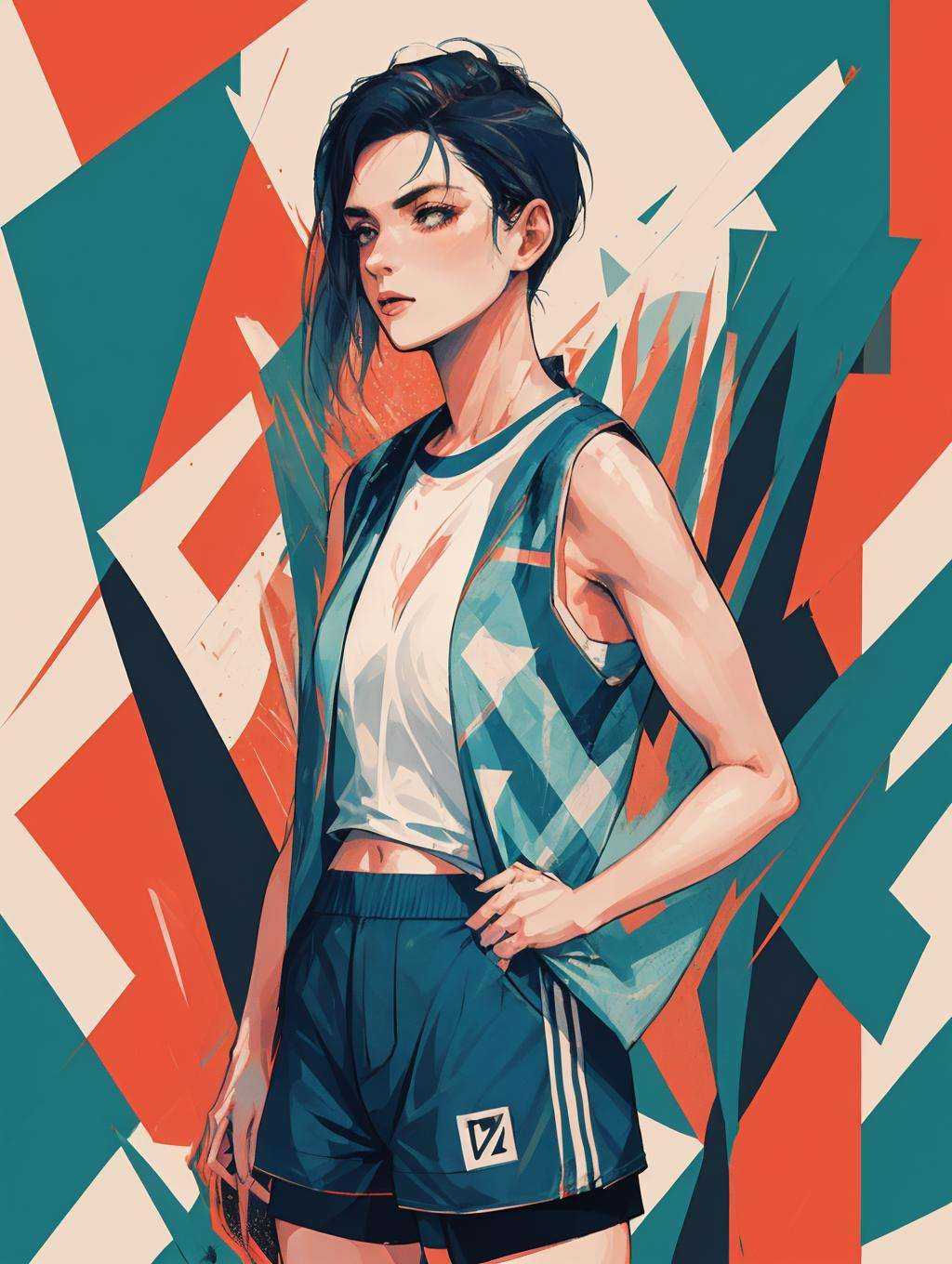 Character poster, Graphic, Fashion trends，Jason is an athletic and adventurous man with a muscular physique. He's wearing a sleeveless workout shirt and shorts, holding a water bottle. The background portrays a natural mountain landscape, representing outdoor activities and fitness.<lora:Graphic:0.5> 