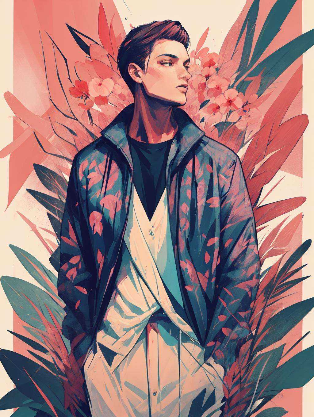 Character poster, Graphic, Fashion trends, 1 boy，plant，cherry blossom trees,<lora:Graphic:0.5>