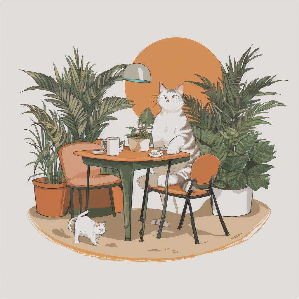 Slight retro color, flat, grainy, riso print style, illustration, cute, white space, low saturation, animal, beach, cat, chair, computer, cup, drink, drinking glass, drinking straw, flower, food, ice, ice cube, leaf, mug, no humans, orange background, palm tree, pencil, plant, potted plant, sand, table, tree, solo, sitting, cup, no humans, shadow, animal, leaf, chair, phone, cat, cellphone, plant, orange background, potted plant, lamp, animal focus, whiskersSteps: 20, Sampler: DPM++ 2M Karras, CFG scale: 7, Seed: 2916361588, Size: 512x512, Model hash: ffde7edfe2, Model: RISO_TUNAN_V2, Denoising strength: 0.55, Clip skip: 2, Hires upscale: 2, Hires upscaler: 4x-UltraSharp