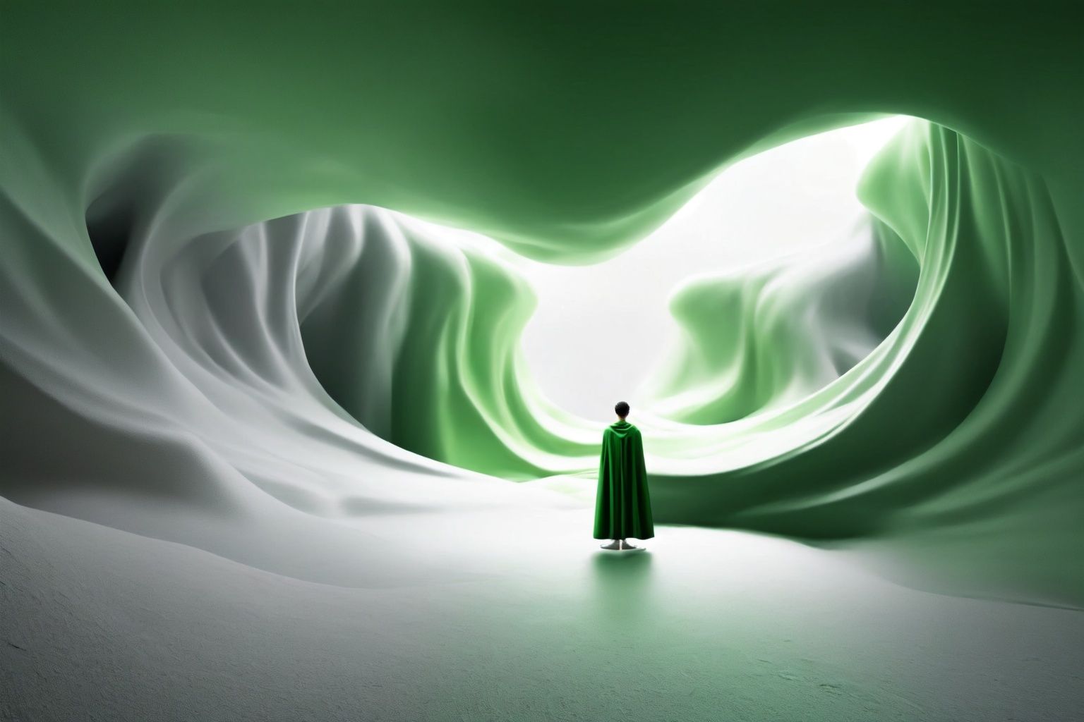 naturalistic rendering, organic flowing forms, flatness of surface, solo, short_hair, black_hair, 1boy, standing, male_focus, from_behind, cape, arms_at_sides, facing_away, green_theme