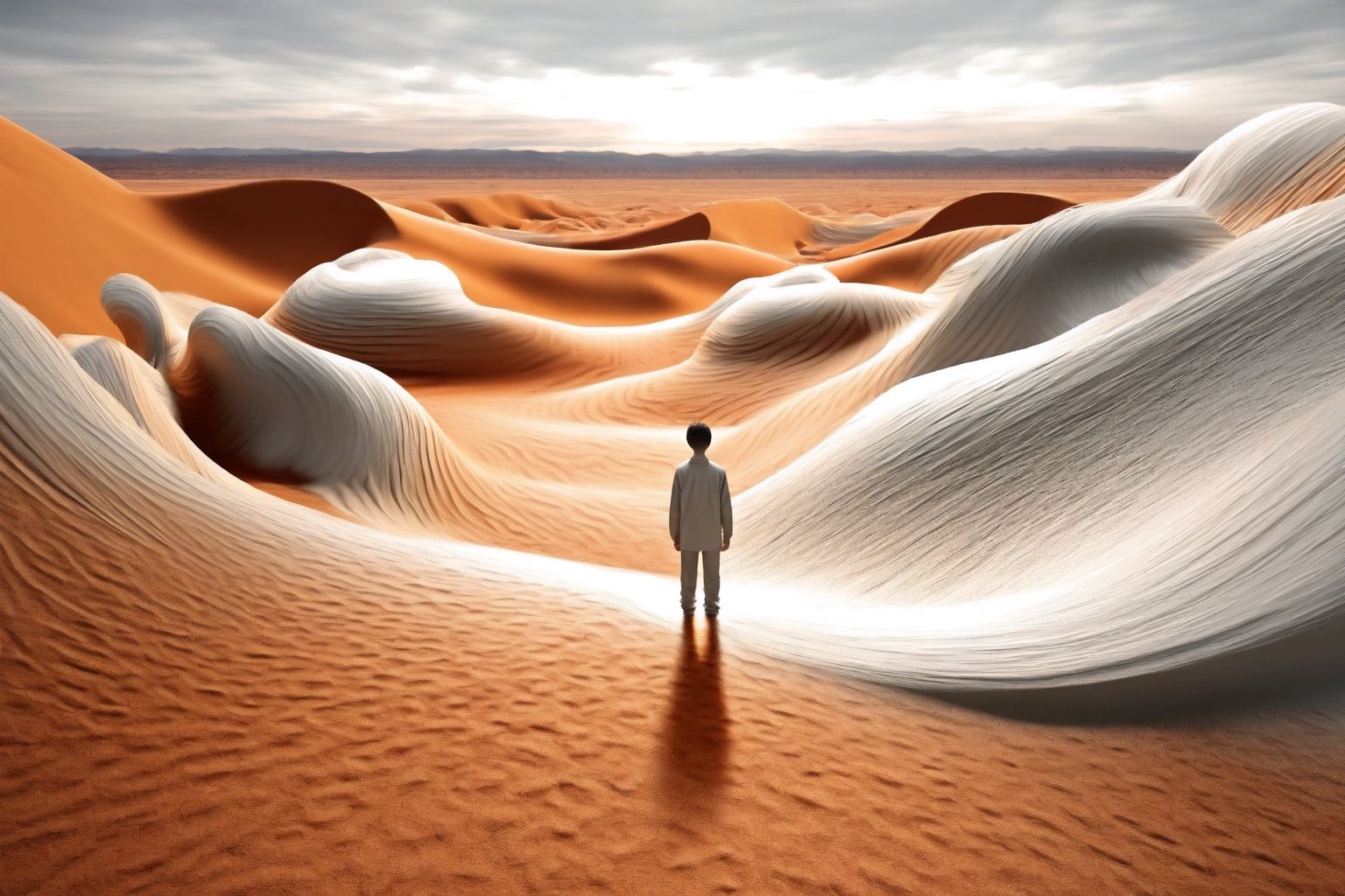 naturalistic rendering,organic flowing forms,flatness of surface, desert, light orange and light white, lake, 1boy, standing, looking away