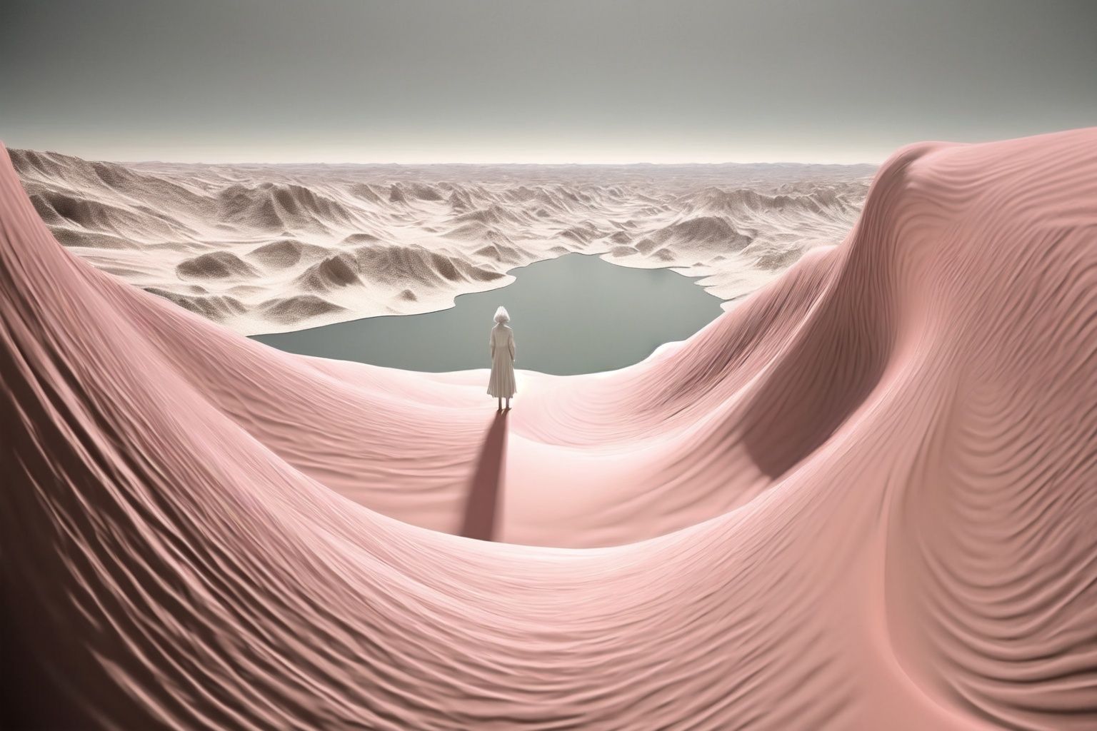 naturalistic rendering,flowing forms,flatness of surface, desert, light pink and light white, lake, 1girl, standing, looking away
