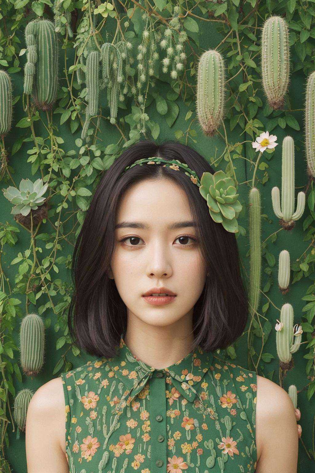 The portrait shows a woman wearing a green dress adorned with cactus-shaped patterns. She is surrounded by a collection of various cacti, some of which have bloomed with flowers. One cactus in particular has grown in the shape of her face, creating a humorous visual pun. The woman is in the center of the portrait, with her cactus collection surrounding her. The face-shaped cactus is placed next to her head, creating a visual connection between the two. The variety of cacti shapes and sizes creates a visually interesting scene, while the color palette of greens and earth tones ties everything together.