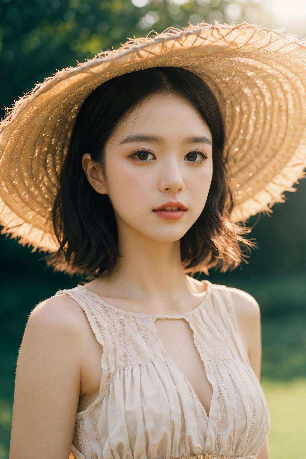 Best portrait photography, 35mm film, natural blurry, 1girl, sun dress, wide brimmed hat, radiant complexion, whimsical pose, fluttering hair, golden sunlight, macro shot, shallow depth of field, bokeh, dreamy