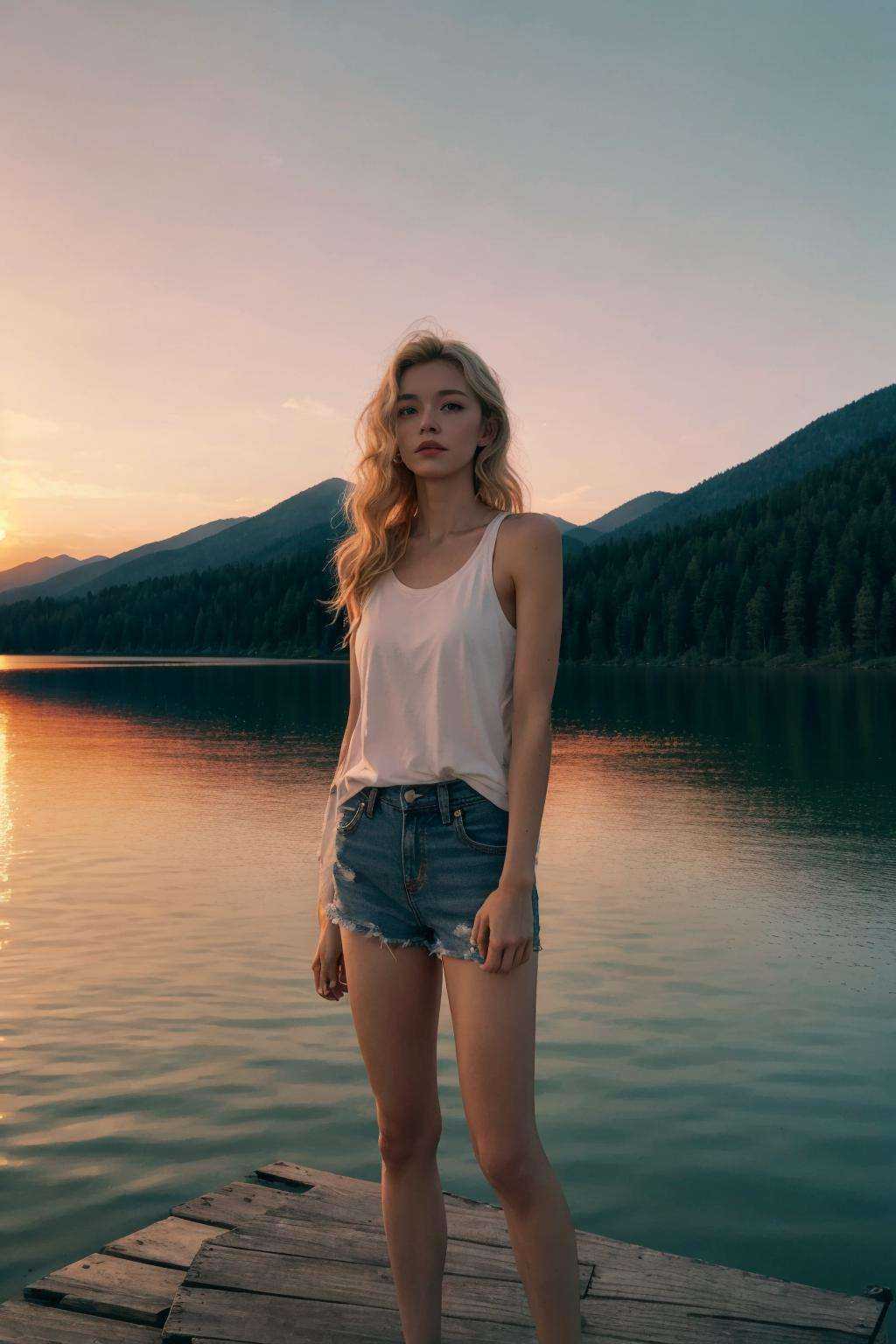 A young woman stands on a weathered wooden dock extending over a still mountain lake at dusk. Dressed in cutoff denim shorts and a loose white **** top, she gazes pensively over the glassy waters with hands in her pockets. Her long honey-blonde hair glows in the golden light of the setting sun. A sense of peace and solitude pervades this high alpine scene at day's end as the sky fades into pastel hues and the loons begin their plaintive calls