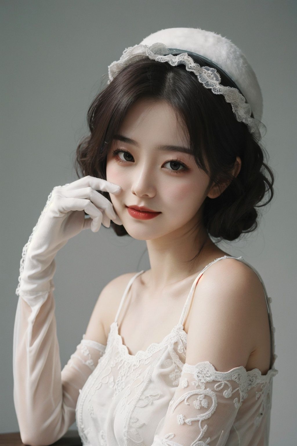 masterpiece, best quality, 1girl, solo,sexy pose, pensive woman, voluminous dress, intricate lace, embroidered gloves, feathered hat, curled hairdo, pale skin, minimal makeup, tender smile, dainty neckline, nostalgic atmosphere, still life