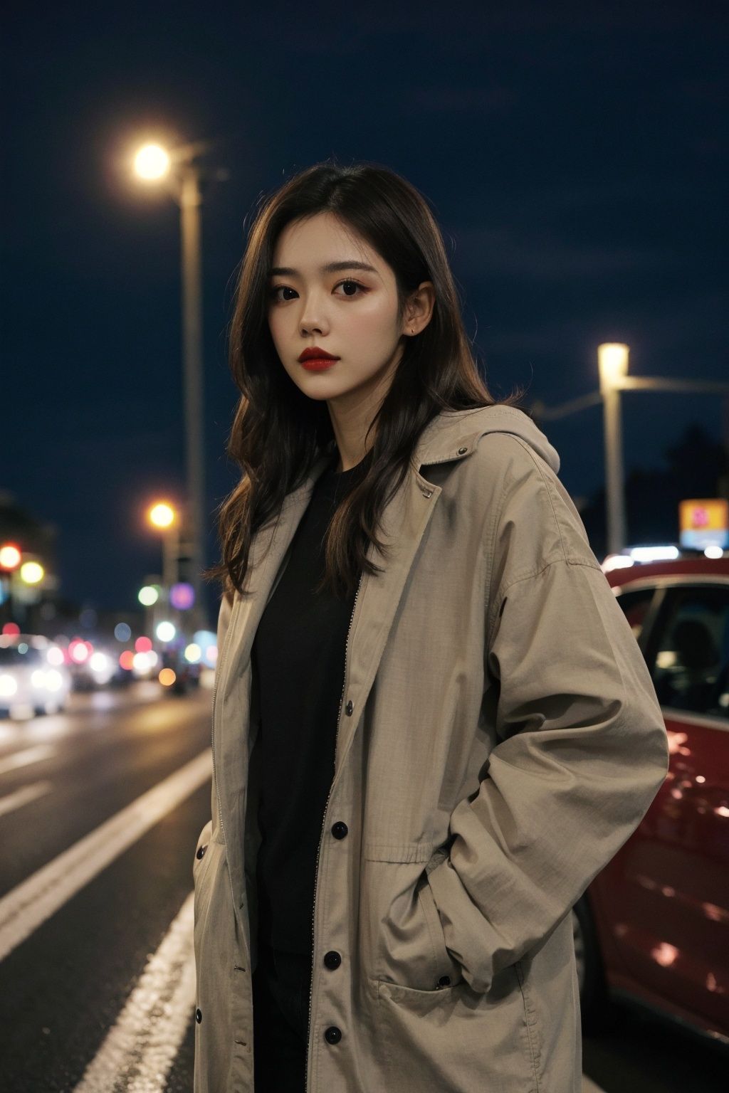 a woman standing on the side of a road at night, 1girl, long hair, motor vehicle, car, looking at viewer, ground vehicle, night, hands in pockets, blurry background, coat, black hair, parted lips, bokeh, jacket, brown hair, outdoors, red lips, upper body, artist name